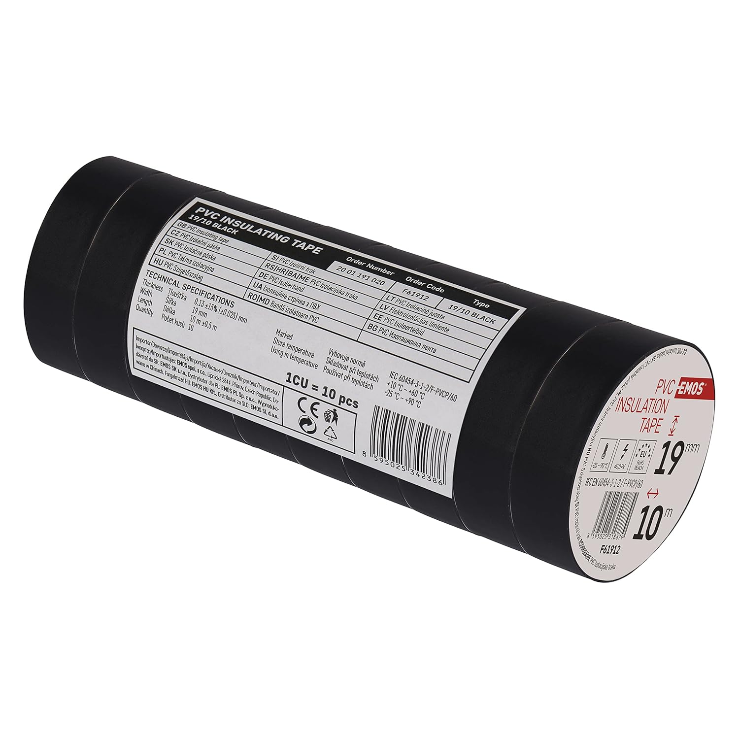 EMOS PVC Insulation Tape, Black, Pack of 10, 19 mm x 10 m, 0.13 mm Tape Thickness, Self-Adhesive, High Tensile Strength and Application Temperature Range, UV-Resistant, Waterproof Connection, Without