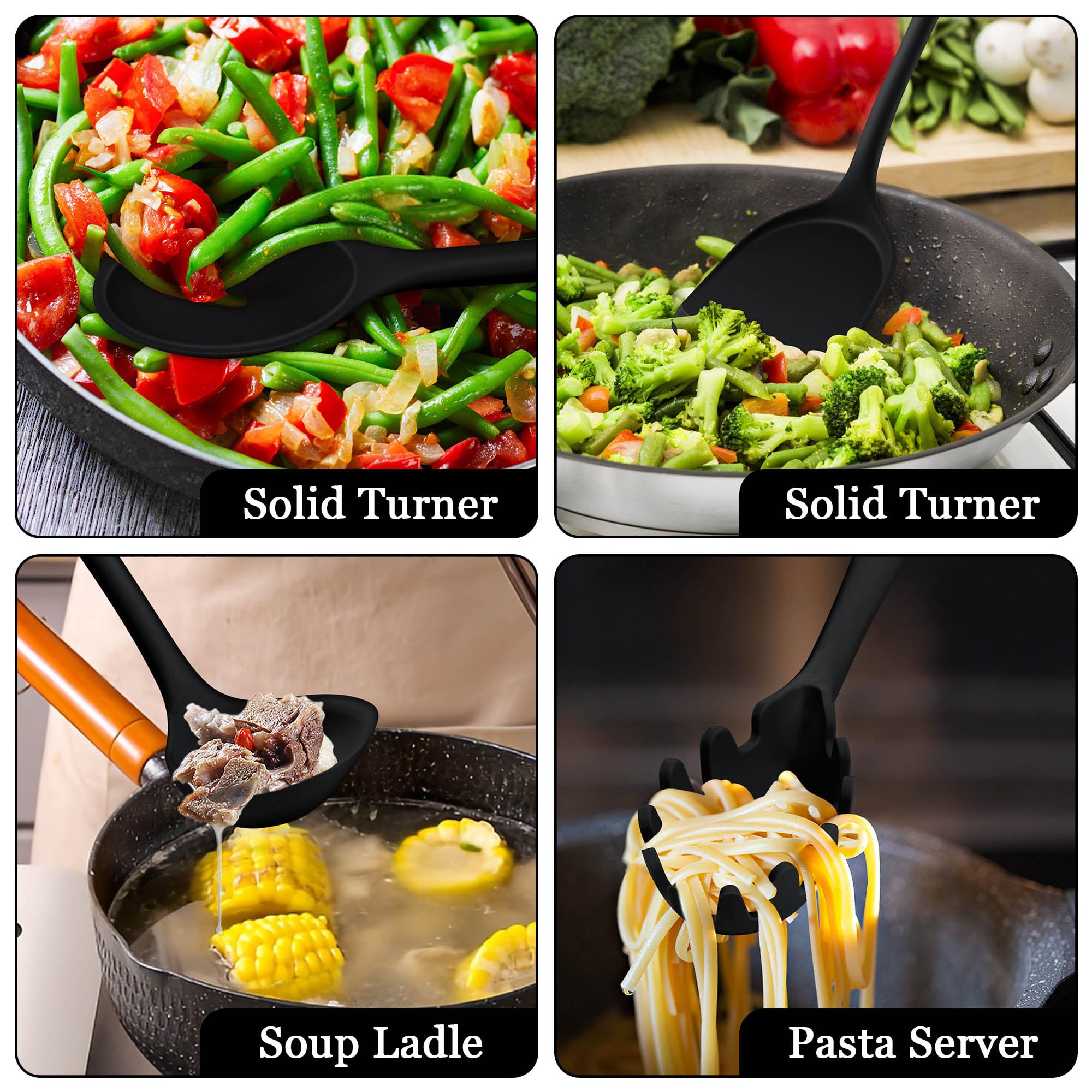 LIANYU Juego de 8 utensilios de cocina resistentes al calor, juego de espátulas de silicona antiadherentes con espátula, cucharón, volteador, cuchara, apto para lavavajillas, color negro