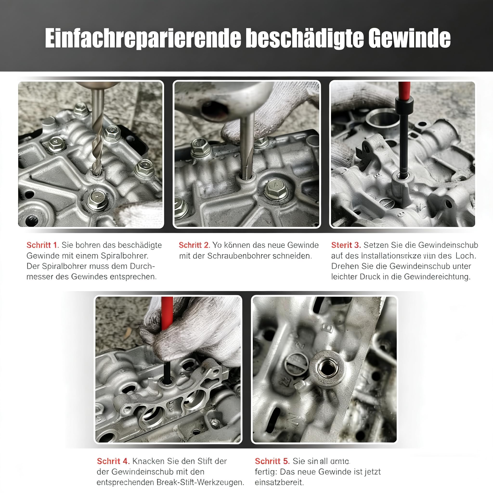 Helicoil Gewindereparatur Set 131-teilig HSS – Komplettset für M5, M6, M8, M10, M12 mit Spiralbohrern, T-Griffen & Metallbox | Für Auto, Motorblock, Getriebe & Maschinenreparatur