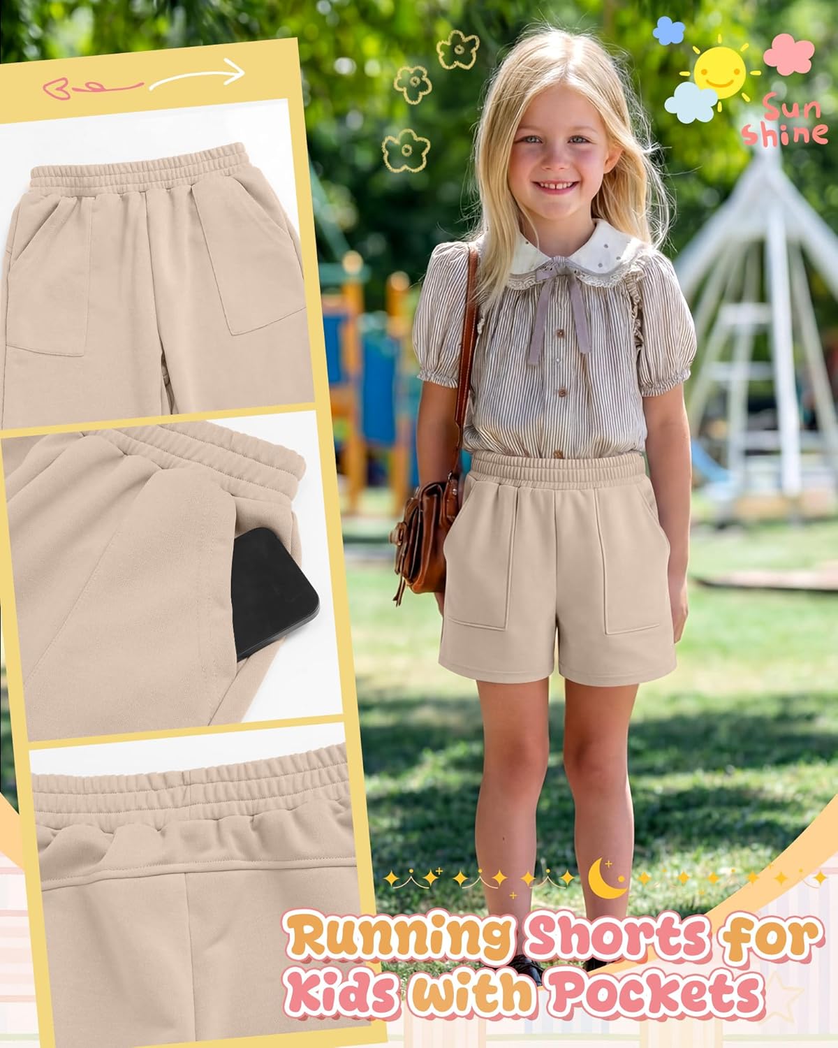 3 Pack Girls Shorts Kids Athletic Elastic Waist SweatShorts with Pockets Lightweight Loose Fit Shorts 5-14 Years