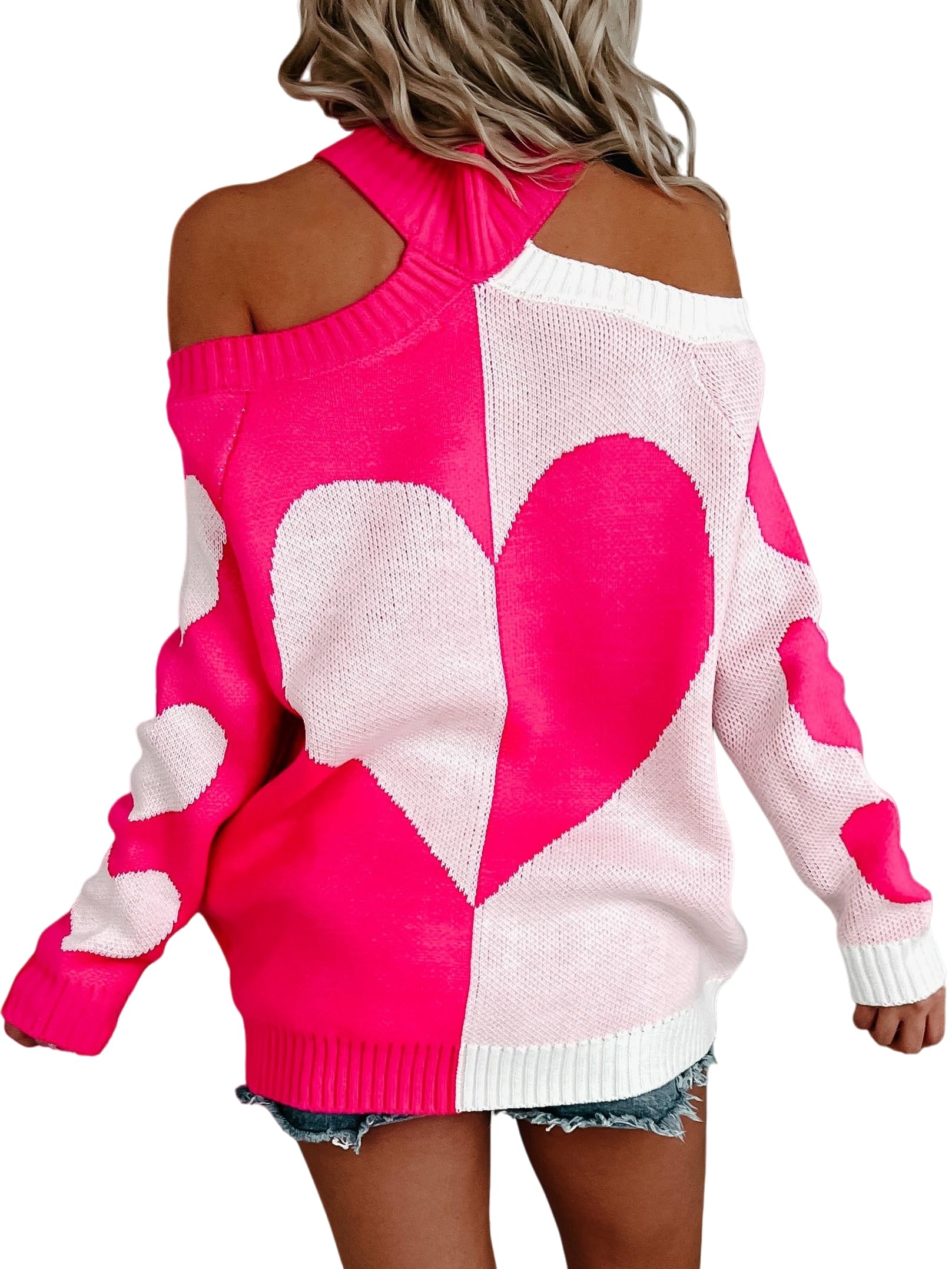 Cute Heart Sweater for Women Oversized Off Shoulder Pullover Top Valentine Romantic Cold Shoulder Sweaters