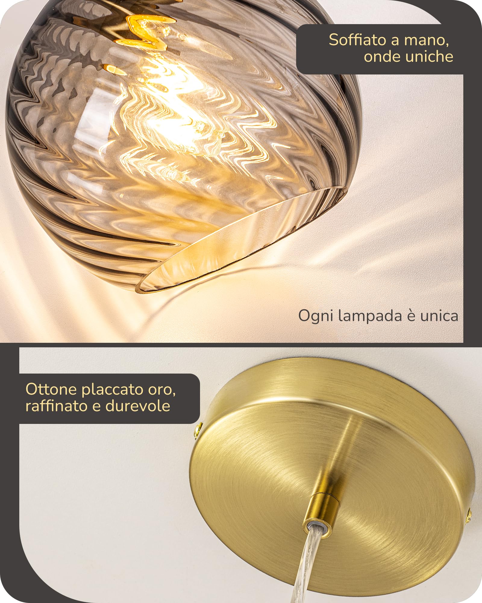 EDISHINE Lampada Sospensione Vetro Ondulato, Grigio Fumo, Regolabile 1,5 m