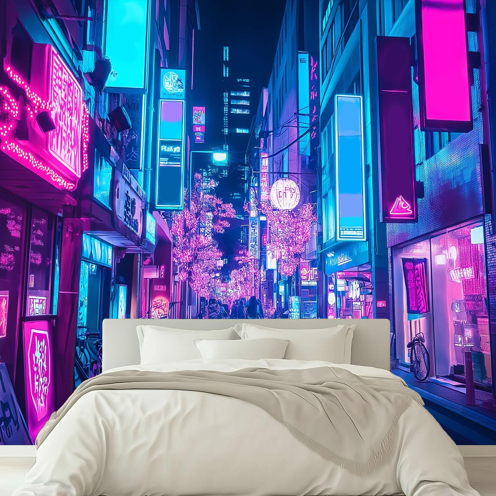 Générique Papier Peint 3D Panoramique Ville Néon Vue de Nuit Intissé Murale Tapisserie pour Salon Chambre Enfant Restaurant Couloir TV Fond Décor Mural 300 x 210 cm