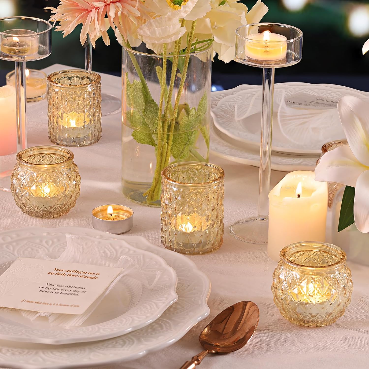 DARJEN 12Pcs Gold Votive Candle Holders - Glass Candle Holder for Table Centerpiece, Tea Light Candle Holders Glass for Wedding Shower, Home & Tea Party Decor