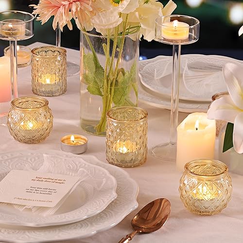Miniatura 5 de DARJEN Portavelas votivas doradas, 12 unidades, portavelas de cristal para centro de mesa, candelabros de luz de té de vidrio para bodas, decoración