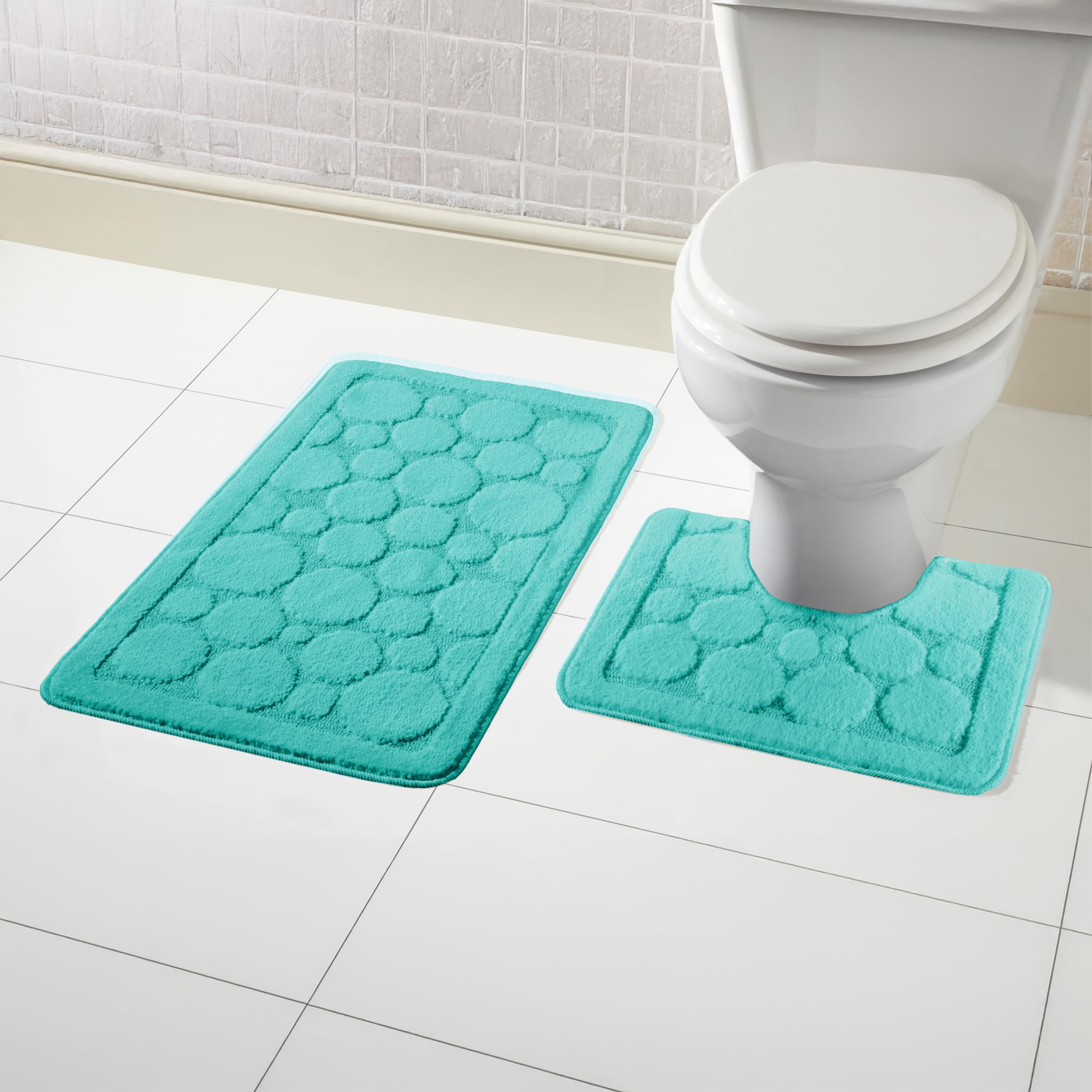 Olivia Rocco® Cali Bubbles 2 Piece Bath Mat & Pedestal Set, Non Slip Bathroom Set (Duck egg)