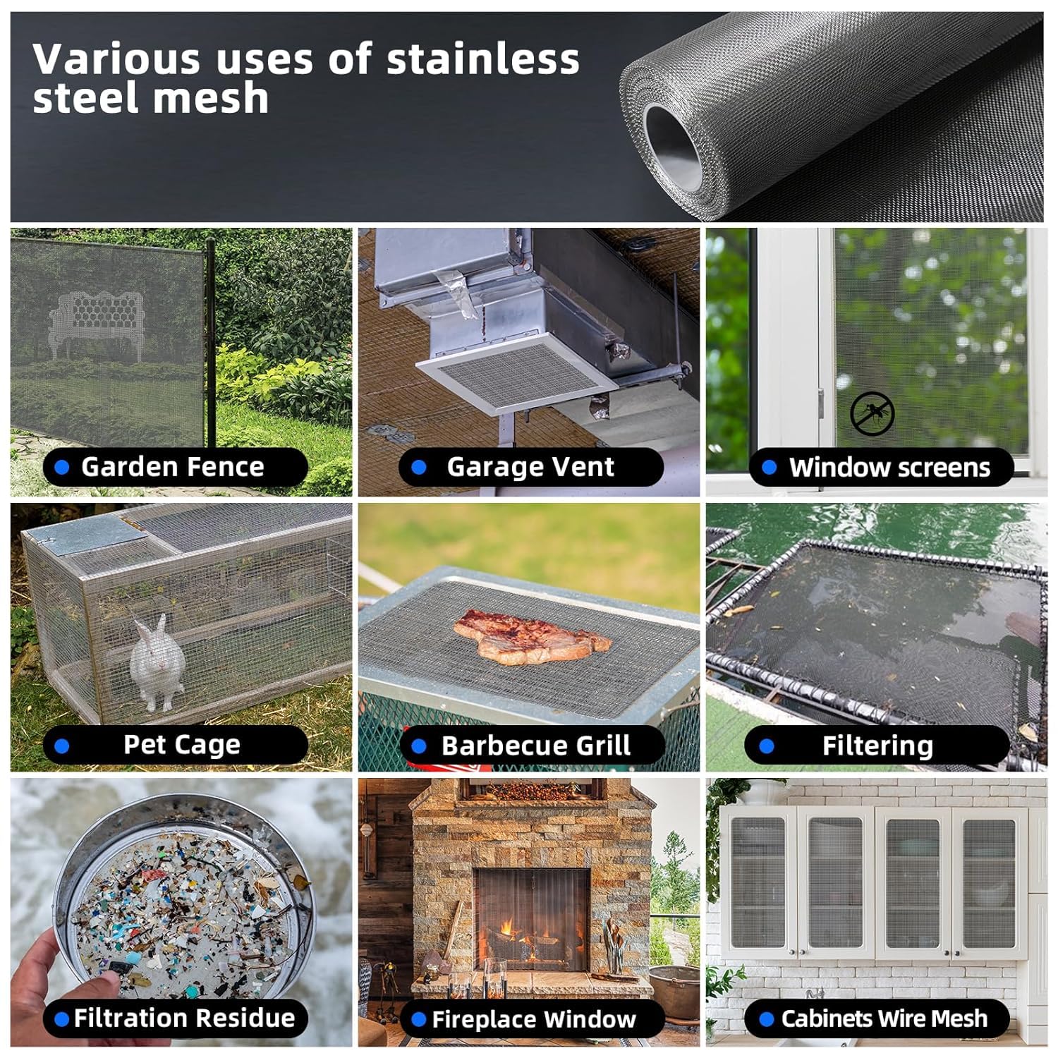 Stainless Steel 304 Woven Wire Mesh Sheet - 15 Mesh, 0.4mm Hole, 1mm Thickness - Ideal for Air Ventilation, Window Screens, Mosquito Nets, Rat Barriers, and Window net, door (3 feet x 5 feet) 3