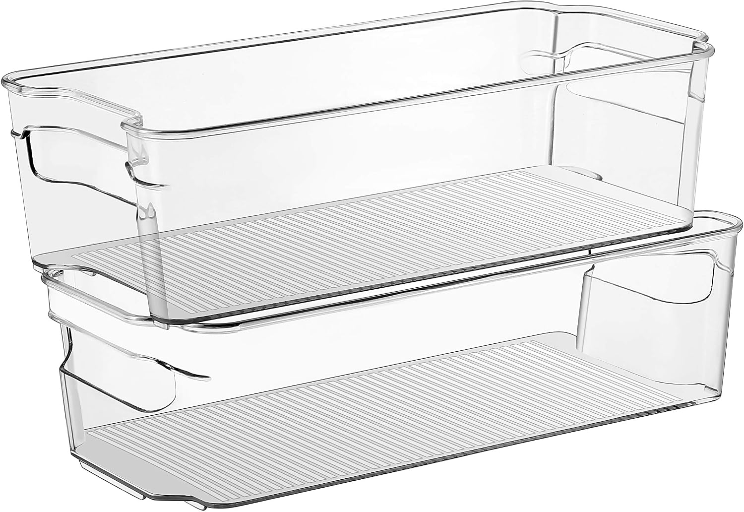 Sooyee Stackable Refrigerator Bin - (6 x 12 Inch) - w/Handle - BPA Free Polyethylene - for Fridge, Freezer, Pantry Organization - Kitchen,Clear - Set of 4