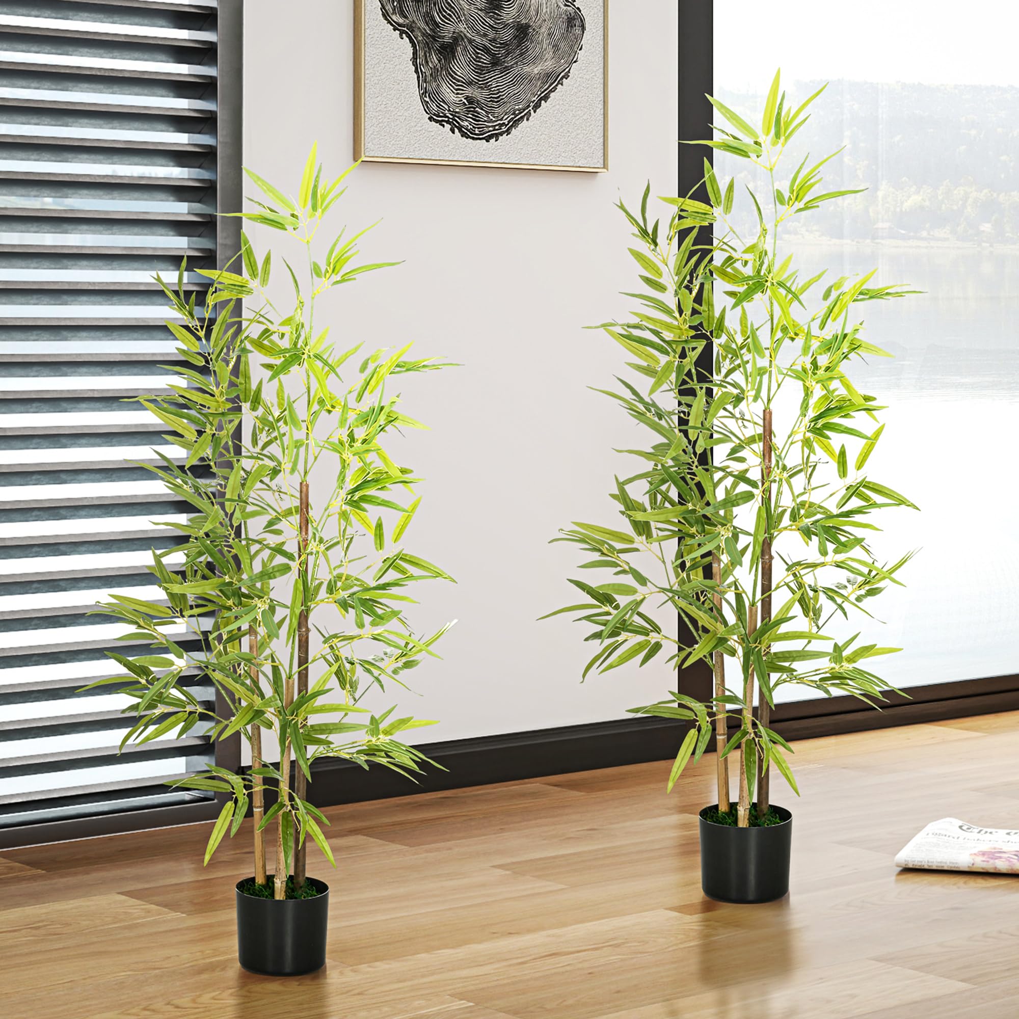 HOMCOM 2 Plantas Artificiales con Maceta Plantas Sintéticas de Bambú con 498 Hojas para Decoración en Salón Oficina Casa Ø15x120 cm Verde