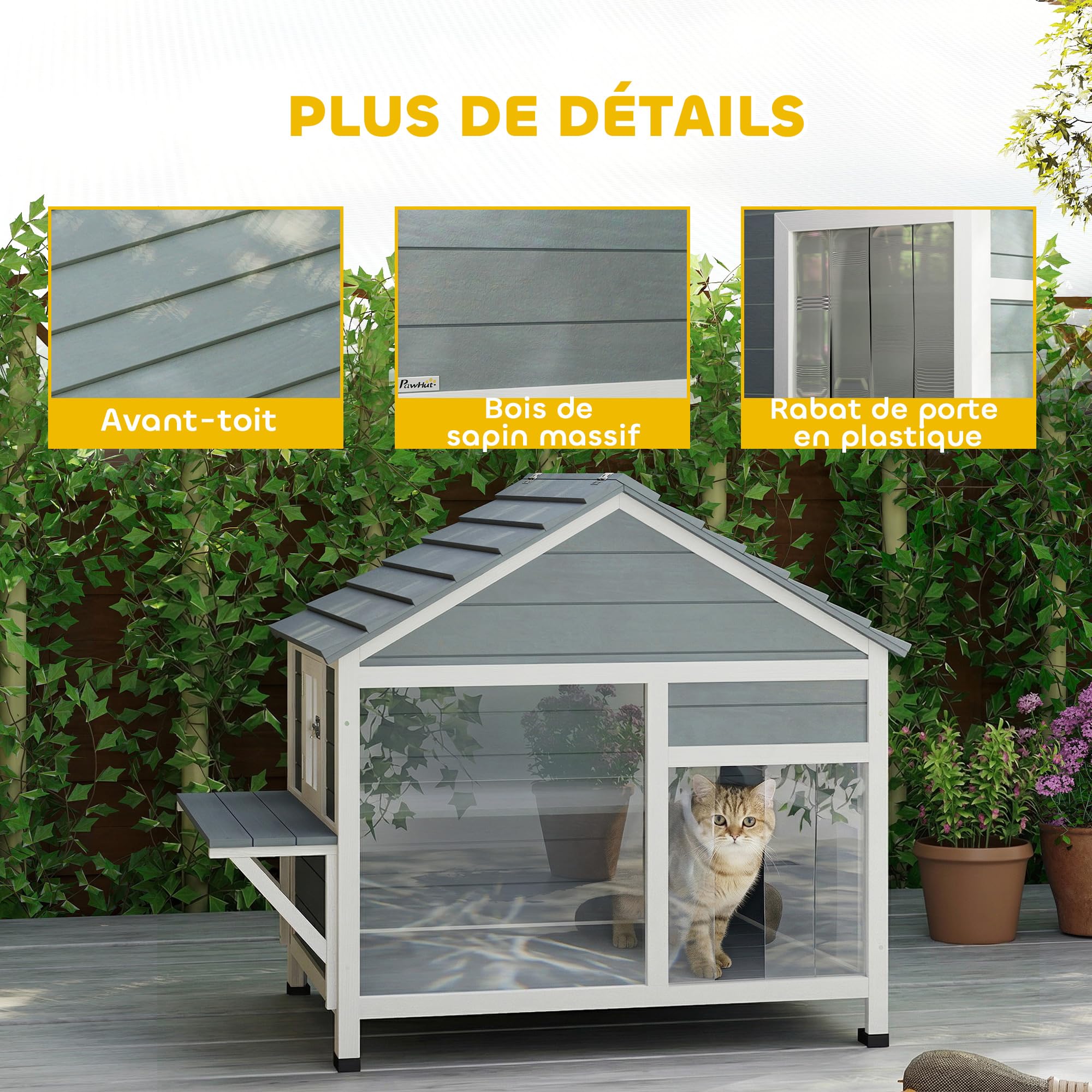 PawHut Casa per gatti in legno resistente alle intemperie con tetto apribile, nicchia esterna con finestra, porta a lamelle e piattaforma, grande villa gatto a doppio piano, 101 x 72,5 x 81 cm, grigio