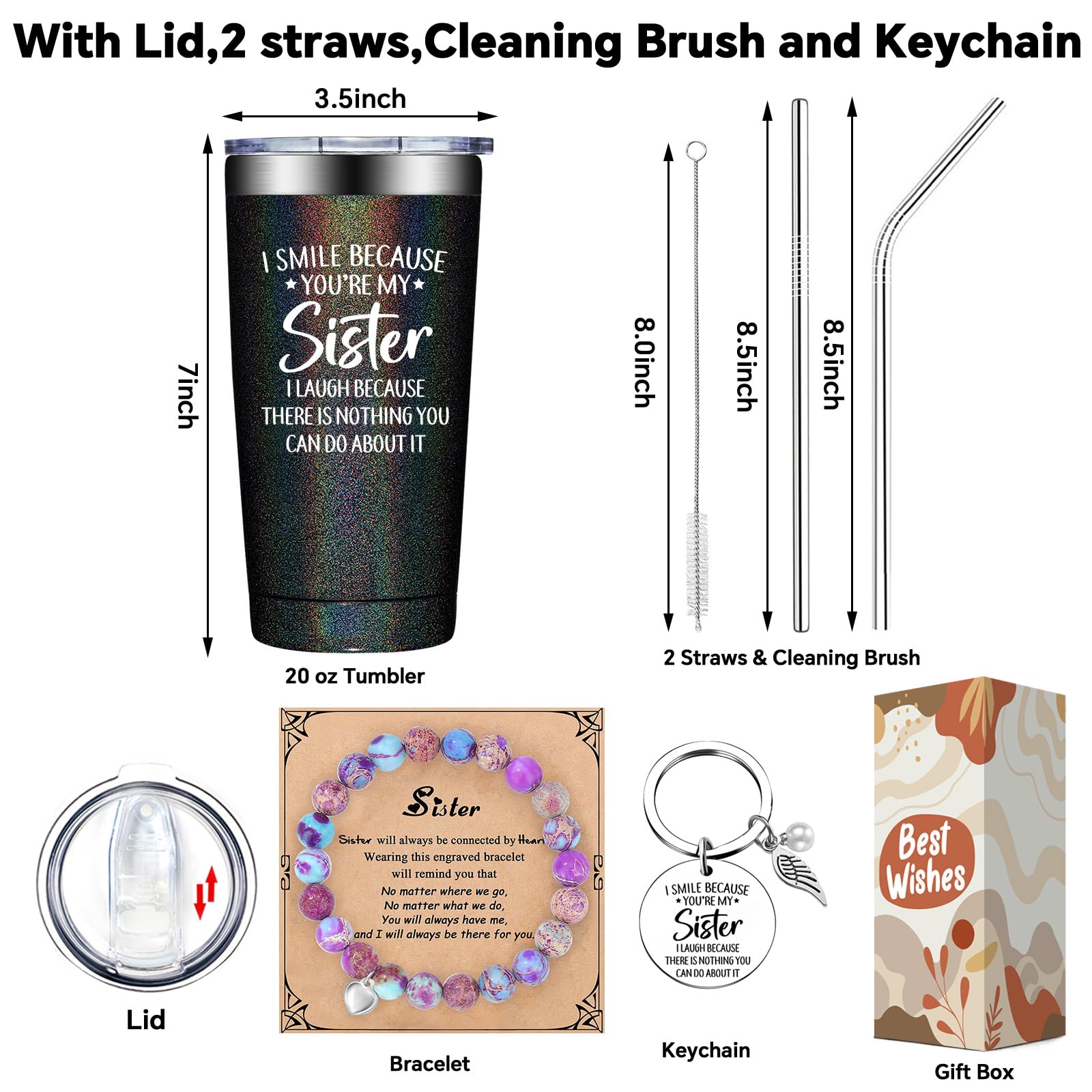 Grifarny Sister Birthday Gifts - Christmas, Mothers Day Gift for Sisters - I Smile Because You are My Sister Tumbler Cup 20oz