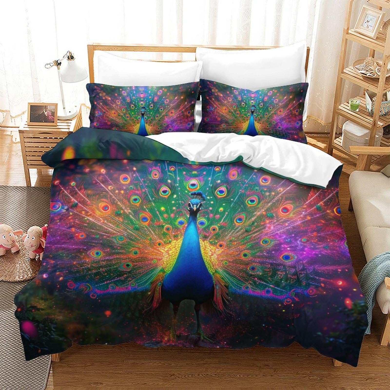 KuangGeKG Peacock 3D Printed Quilt Cover Set 3 Pieces Bedding Soft Microfiber with Zipper Closure，Pillowcases for Teens And Adults King（220x240cm）