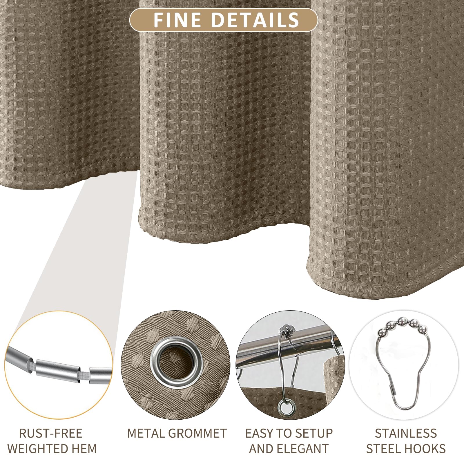 FY&XZH Heavy-Duty Waffle Weave Shower Curtain with Stainless Steel Hooks, Thick Fabric for Bathroom Hotel - Image 3