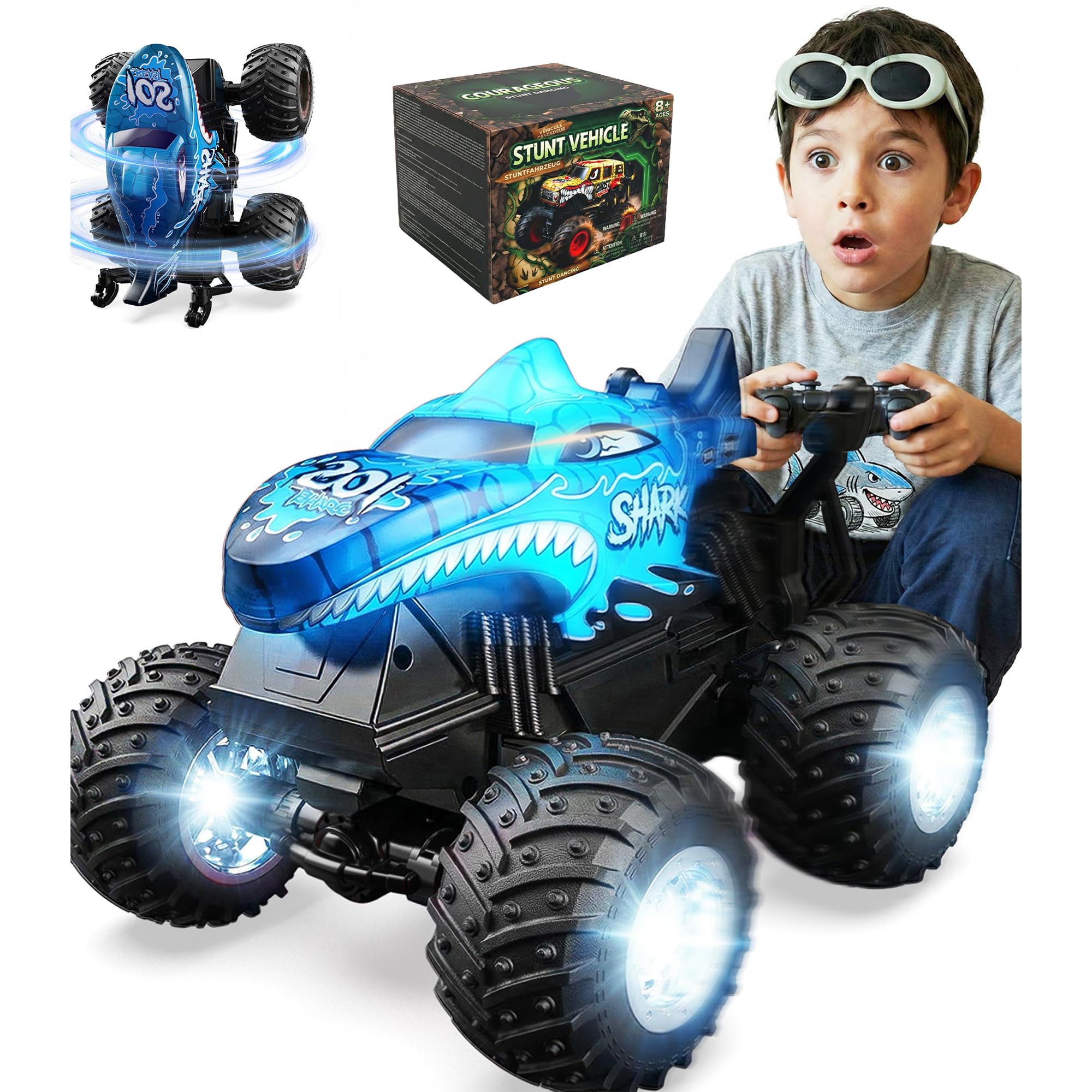 BEZGAR 1:20 Monster Truck Toys, 360°Stunt RC Cars with Music and Light | Blue Dinosaur To…