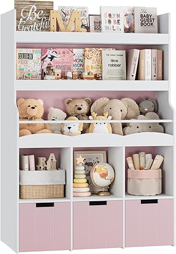 Miniatura 7 de HITHOS Estantería infantil de 55.3 pulgadas de alto con organizador de almacenamiento de juguetes, estante alto para libros con 3 contenedores