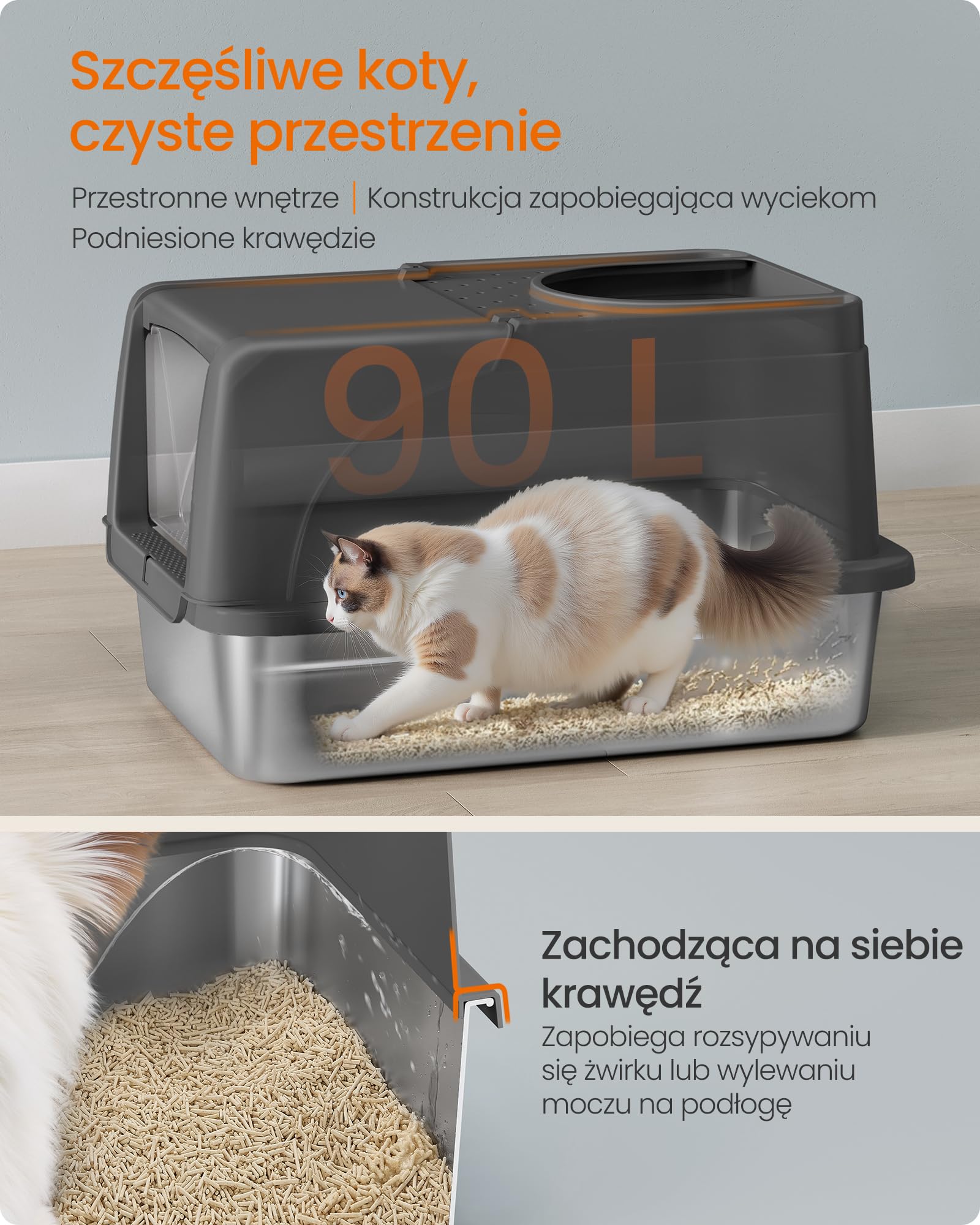 Feandrea Kuweta dla kota ze stali nierdzewnej, XL, z pokrywą, łopatką, szczotką i 2 wejściami, dla kotów do 15 kg, kolor czarny PPT005BH01