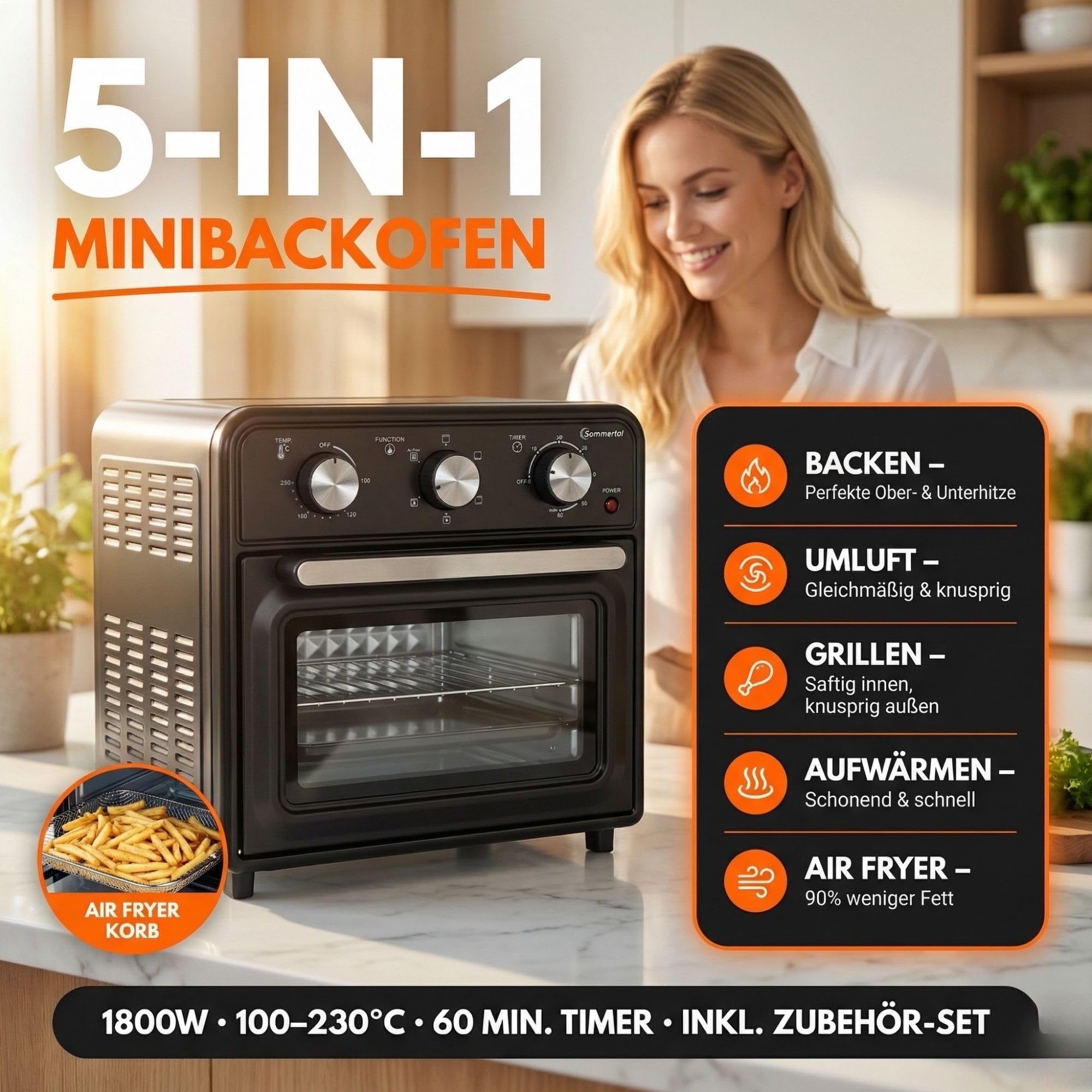 Sommertal Mini forno da 20 litri con convezione e friggitrice ad aria calda, mini forno da 1800 W per cuocere, grigliare e pizza, forno da tavolo piccolo con funzione Airfryer, 100 – 230 °C, timer da