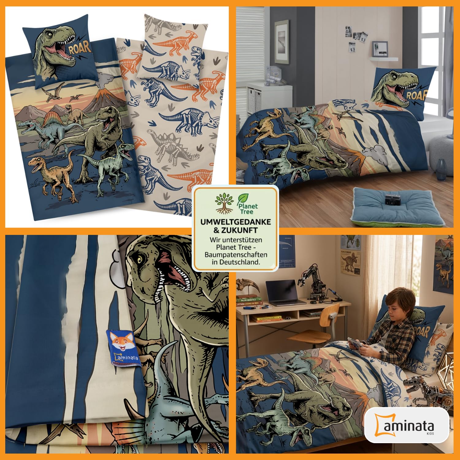 Aminata kids Bettwäsche 135x200 Dinosaurier-Motiv Jungen 100% Baumwolle