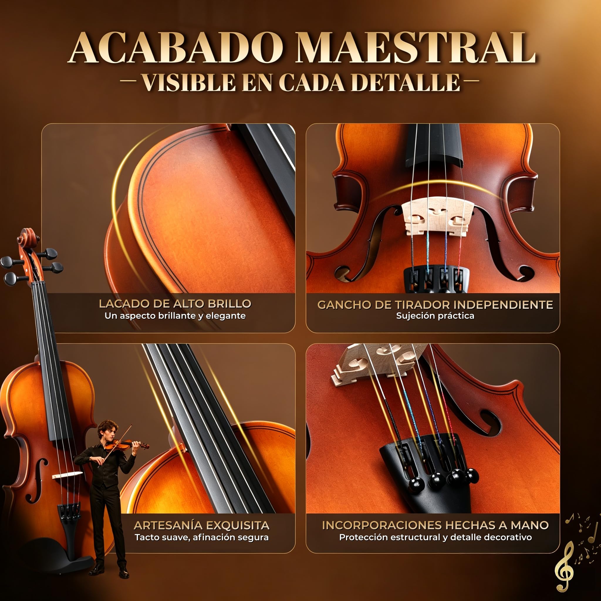 GLARRY GV104 Violín 1/4 para Principiantes, Madera de Tilo, Acabado Mate | Violín con Estuche y Accesorios, Arco, Colofonia y Puente, Acabado Mate Natural