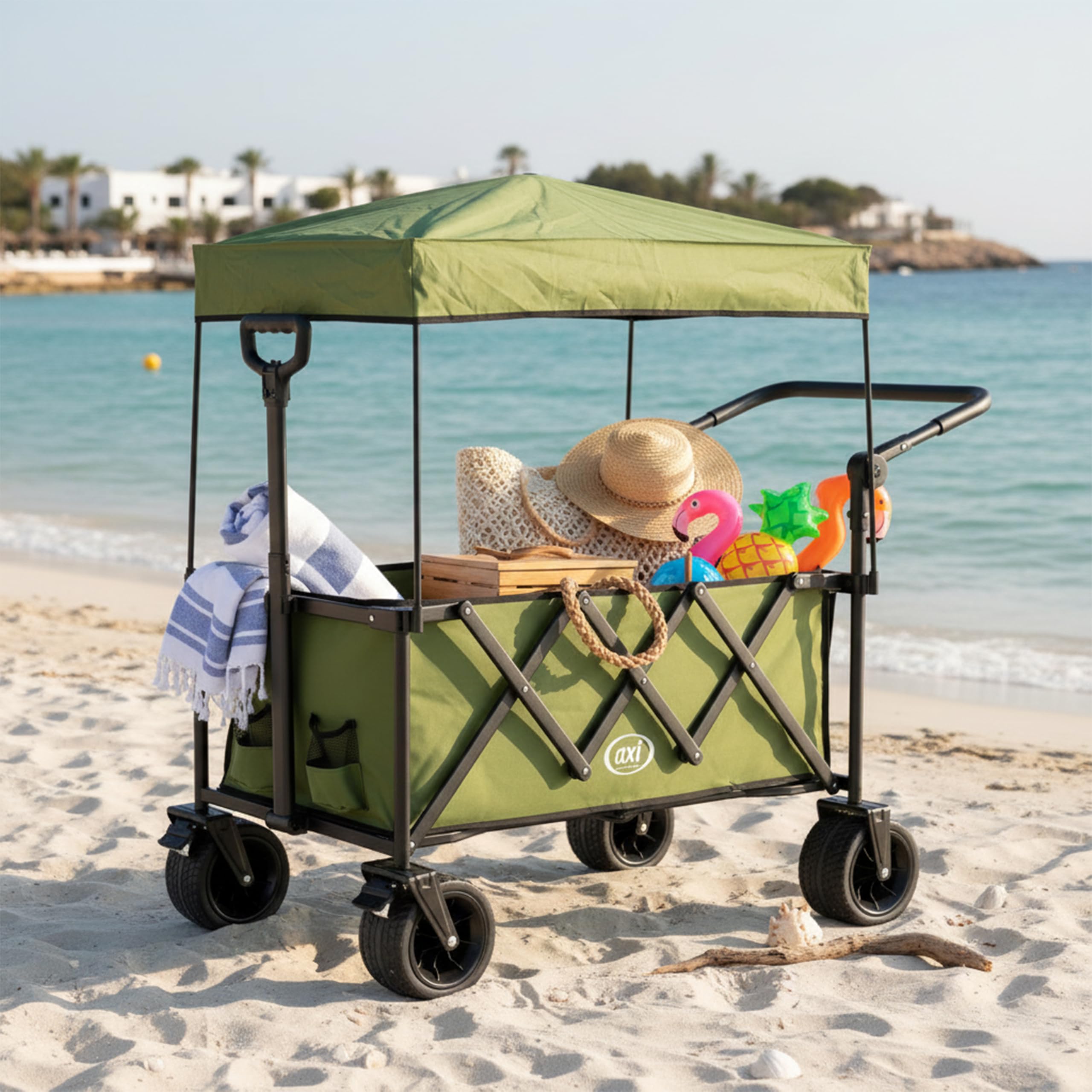 AXI SB221 Chariot de Plage Pliable avec Toit Vert