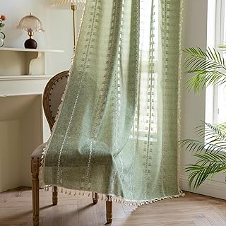 Boho Curtains 63 inch Long 2 Panels for Living Room Bedroom, Vintage Embroidered Striped Semi Sheer Sage Green Linen Farmhouse Light Filtering Drapes Privacy Casual Neutral Country Decor,W52xL63