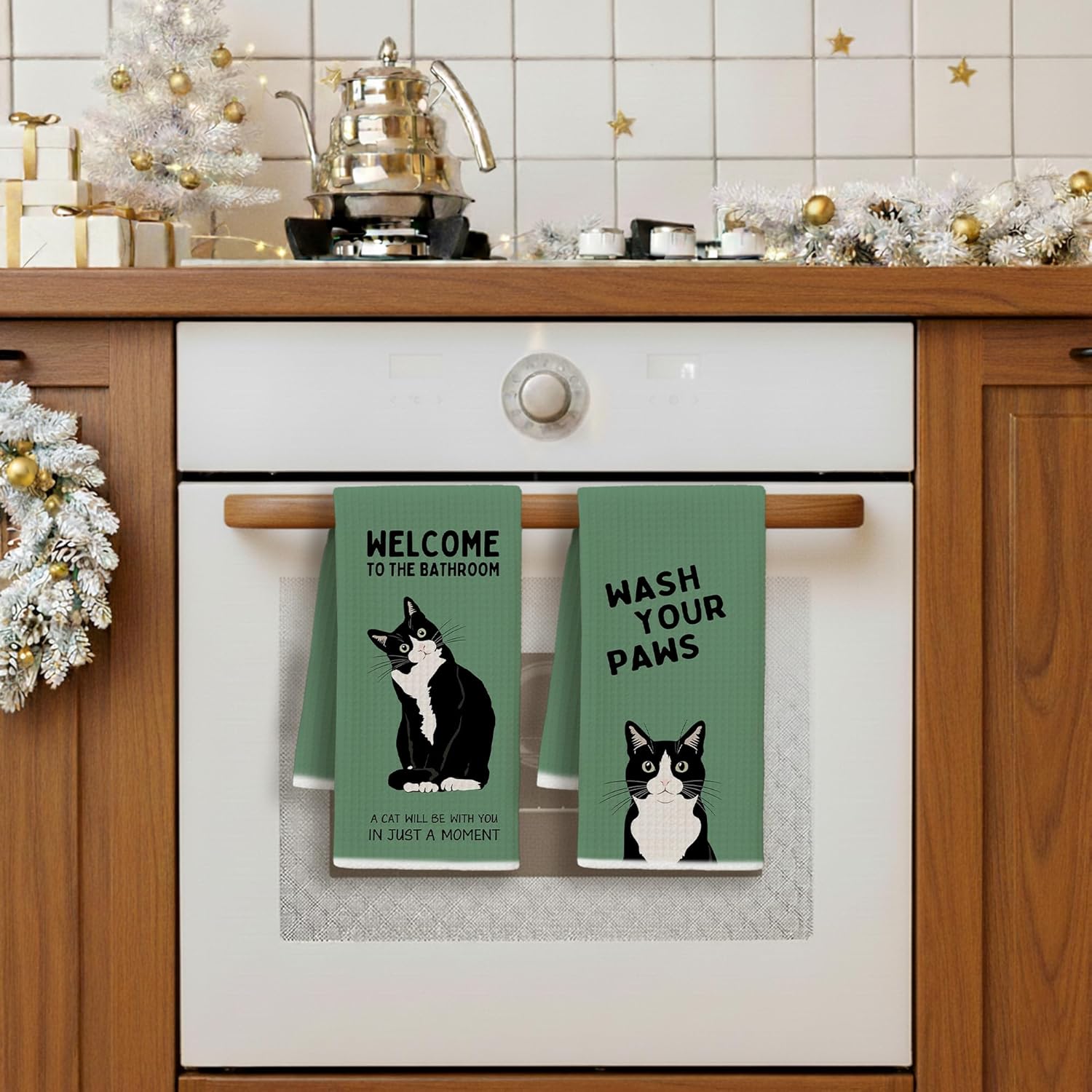 Retro Green Tuxedo Cat Bathroom Hand Towels, Cat Bathroom Decor, Black and White Kitty Kitten Hand Towels for Washroom Restroom, 16x24 Inches Set of 2 - Image 5