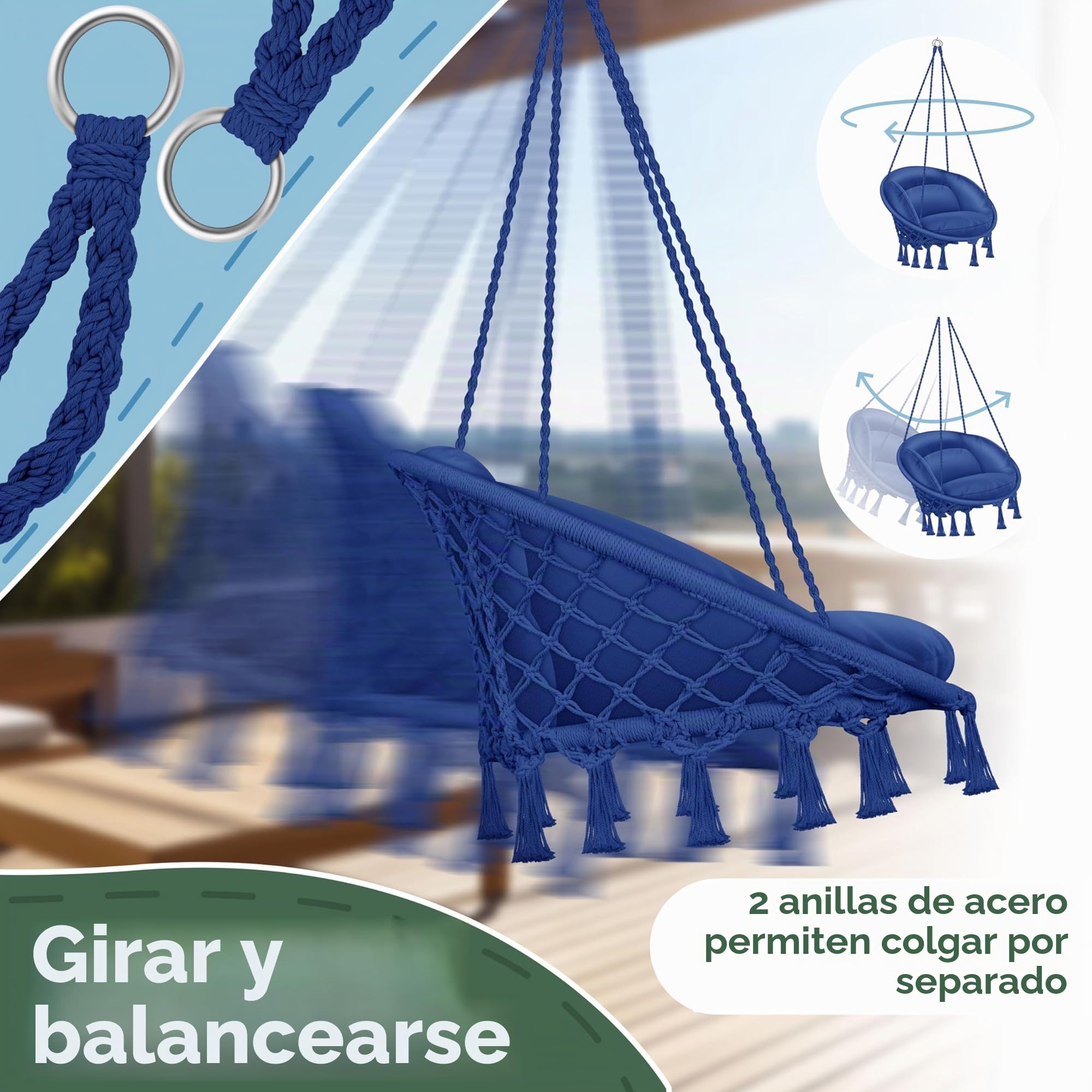 KESSER® Silla Colgante 150kg con 2 Anillas de Acero Cojín Trenzado Flecos Hamaca Columpio Cesta Colgante Jardín Interior Resistente a la Intemperie e Impermeable, Azul Marino