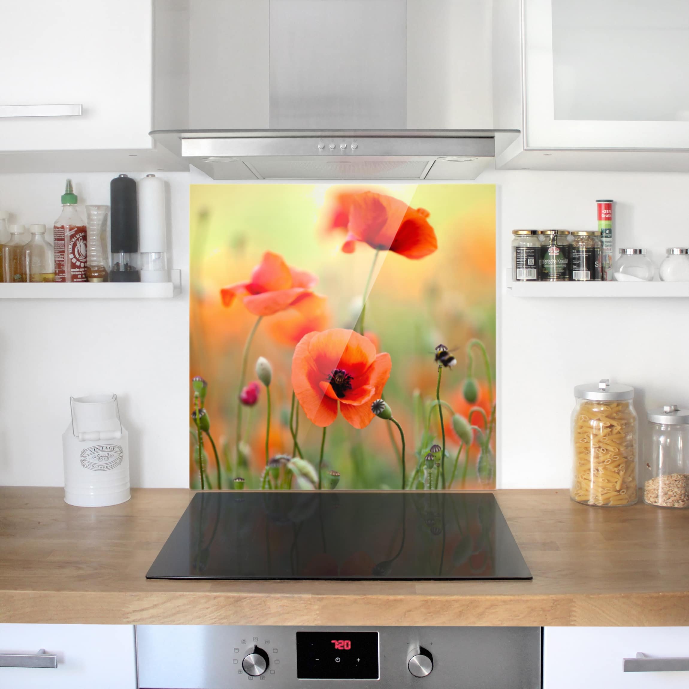 Fond de hotte avec support épaisseur 4mm fleurs crédence cuisine coquelicot verre trempé panneau mural vert crédence en verre motif cuisine 1973 (60x59cm)