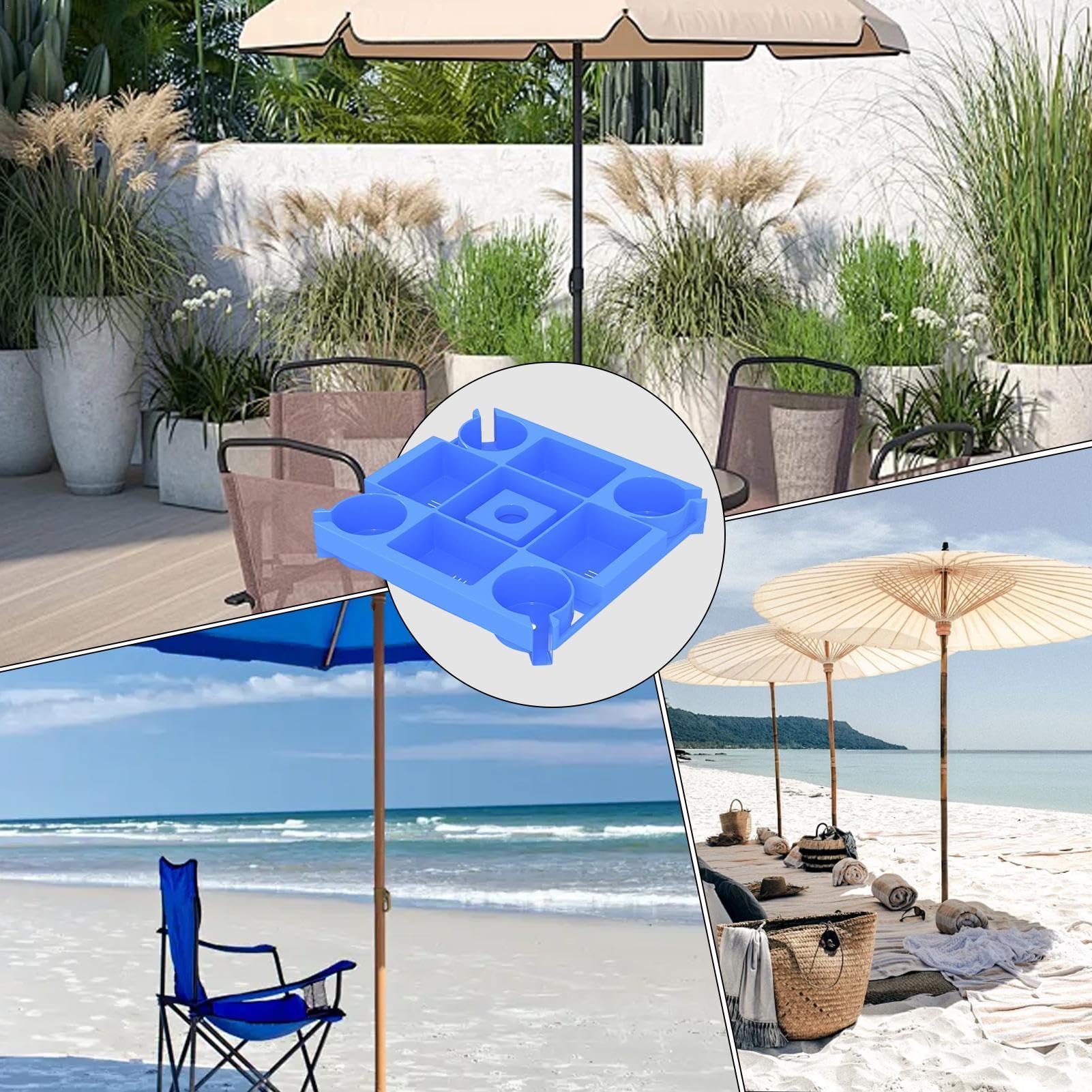 Vassoio Porta Oggetti Per Ombrellone Da Spiaggia | Rotondo Bianco 43cm Con 4 Portabicchieri | Adatto A Aste 25-32mm | Tavolino Pratico
