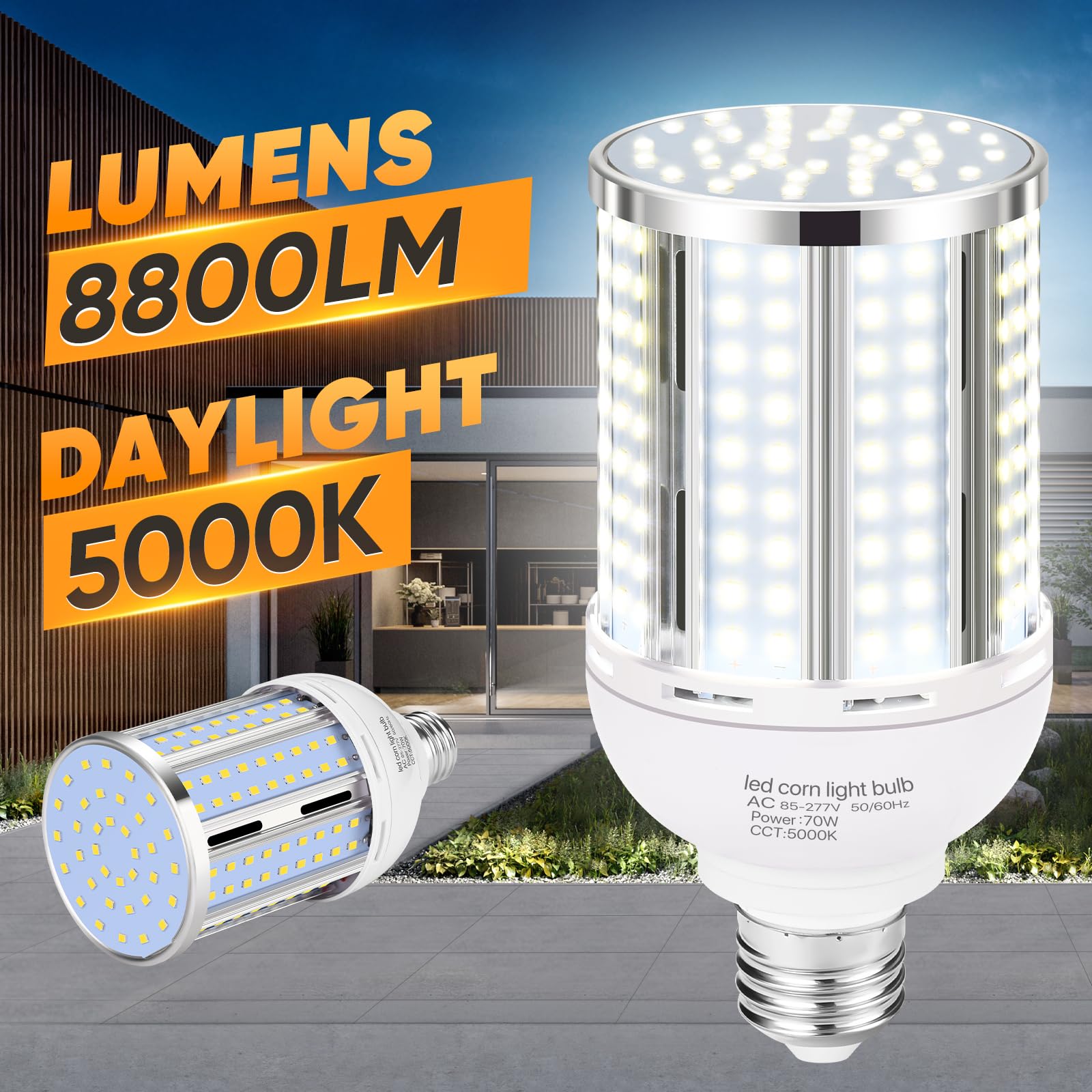 Bombillas LED de maíz de 70 W (paquete de 2) (equivalente a 700 vatios) sin ventilador E26/E39 mediano/grande, base de mogul LED Coblam, lámpara de 5000 K, luz diurna 8800 lm, para exteriores