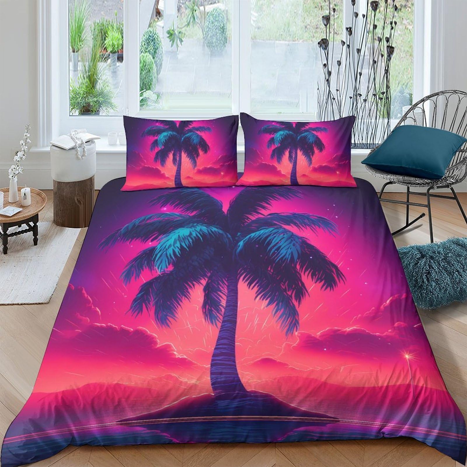 Ctjqhvkz Style-5 3D Printed Sunset Palm Fitted Sheet Microfiber Soft Pink Blue Tropical Beach Mattress Cover For Bedroom Dorm Decor Single（135X200cm）