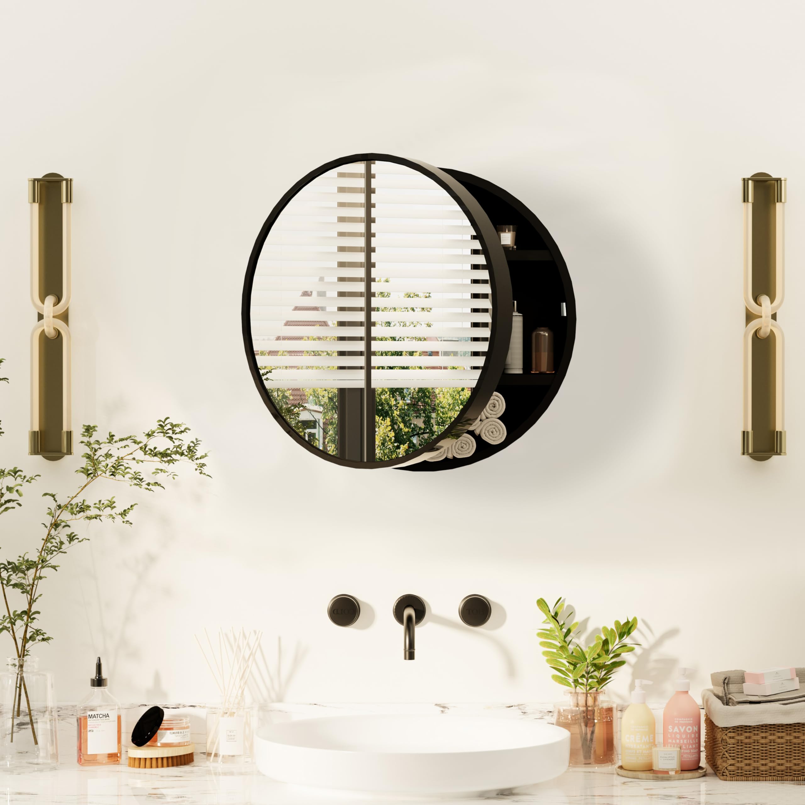 Royal Windsor Round Medicine Cabinet Mirror, Bathroom Mirror Wall Cabinet with Storage and Shelf, Surface Wall Mounted,Arched Cabinet Makeup Vanity Mirror for Bedroom, Black