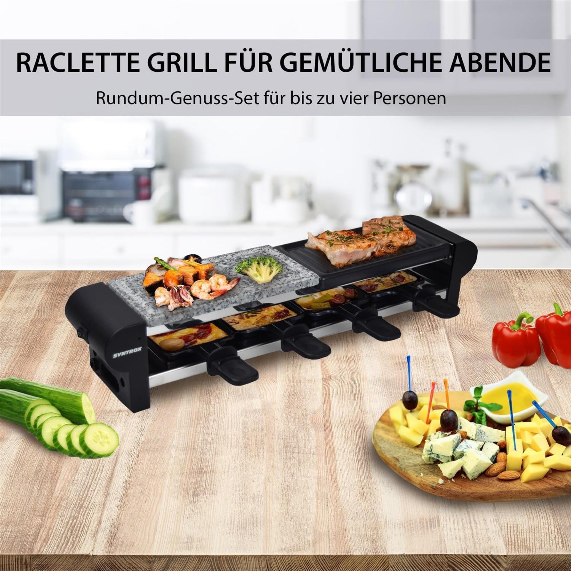 Syntrox Germany Raclette-Grill Thurga, Raclette Set für vier Personen, Antihaftbeschichtung für einfache Reinigung, Geteilte Platte mit heißem Stein und Grillplatte