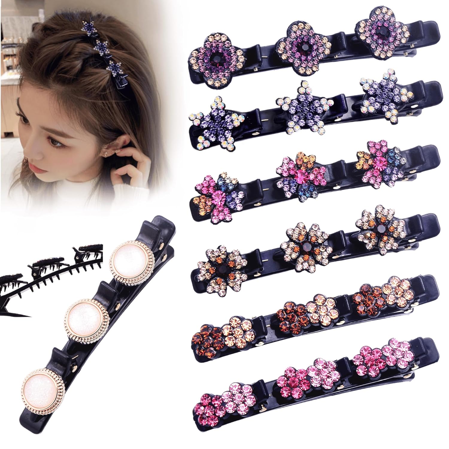Hair Clips for Styling - 7PCS Crystal Stone Braided Hair Clips, Double-Layer Star and Flower Clips for Women and Girls, Sparkling Rhinestone Duckbill Clips, Non-Slip Hair Accessories (FlaSloth)