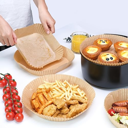 Miniatura 6 de proMCRjex Forros de papel desechables para freidora de aire, 100 piezas de 8.9 pulgadas, forro de papel pergamino redondo para hornear asado, ajuste