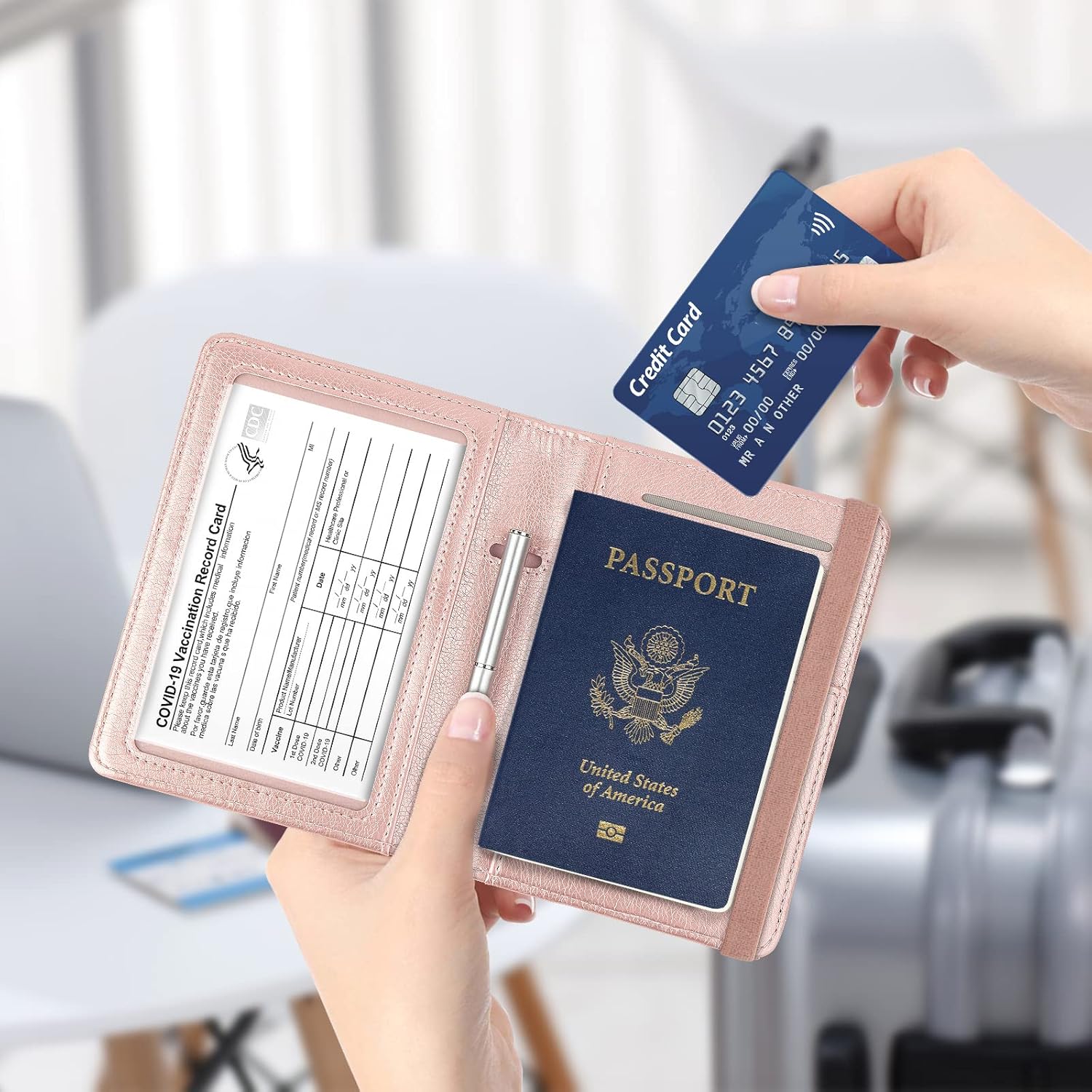  | OMOTON Passport and Vaccine Card Holder Combo, PU Leather Protective Passport Cover Case with RIFD Blocking for Women and Men , Travel Friendly (Rose Gold) | Passport Covers