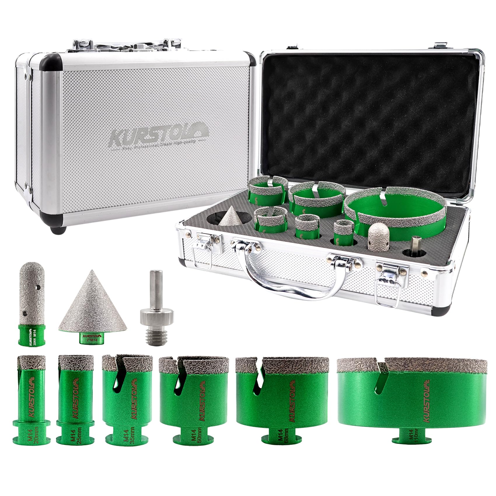 Brocas Diamante Porcelanico Kit 9PCS - 20/25/35/50/68/110mm Brocas, 20mm Fresa, 50mm Broca Chaflan, Adaptador para Azulejo de Cerámica Porcelana Mármol Granito
