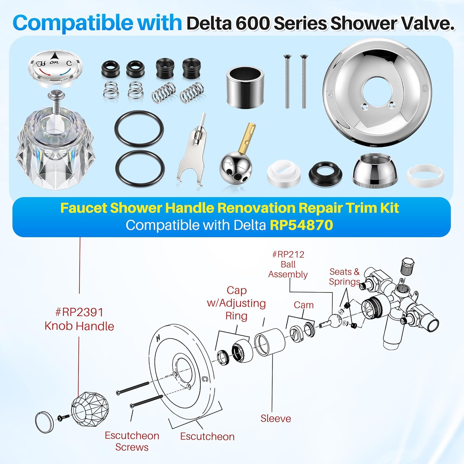 Shower Handle Renovation Repair Trim Kit Compatible with Delta RP54870, Single Function Tub Trim Kit Compatible with Delta 600 Series Shower Valve, Acrylic Handle(Chrome)