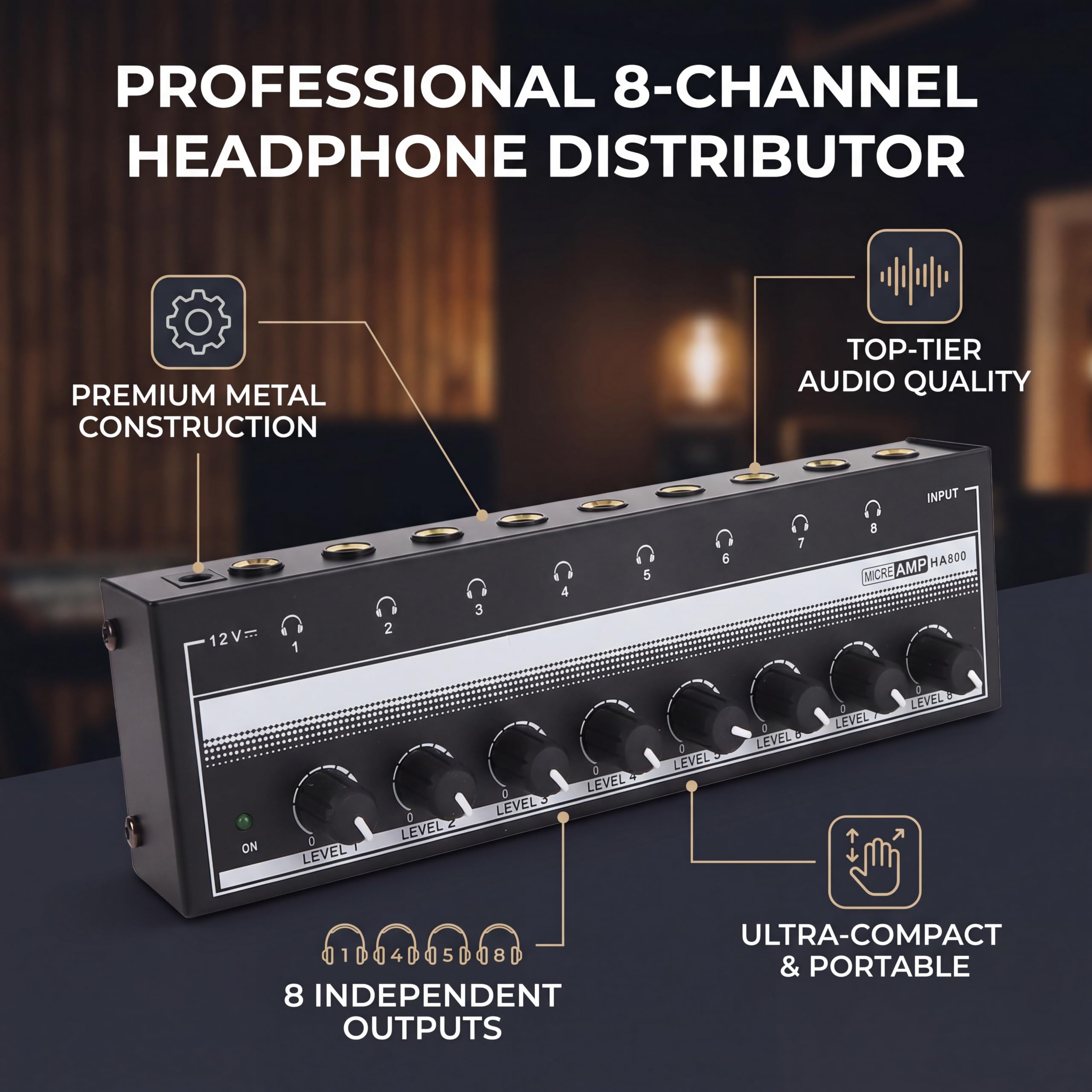 8-Kanal-Kopfhörerverstärker, Tragbarer Metall-Stereo-Audio-Verstärker mit 12-V-Netzteil, Heim-Audio-Verstärkersystem für Studio und Bühne