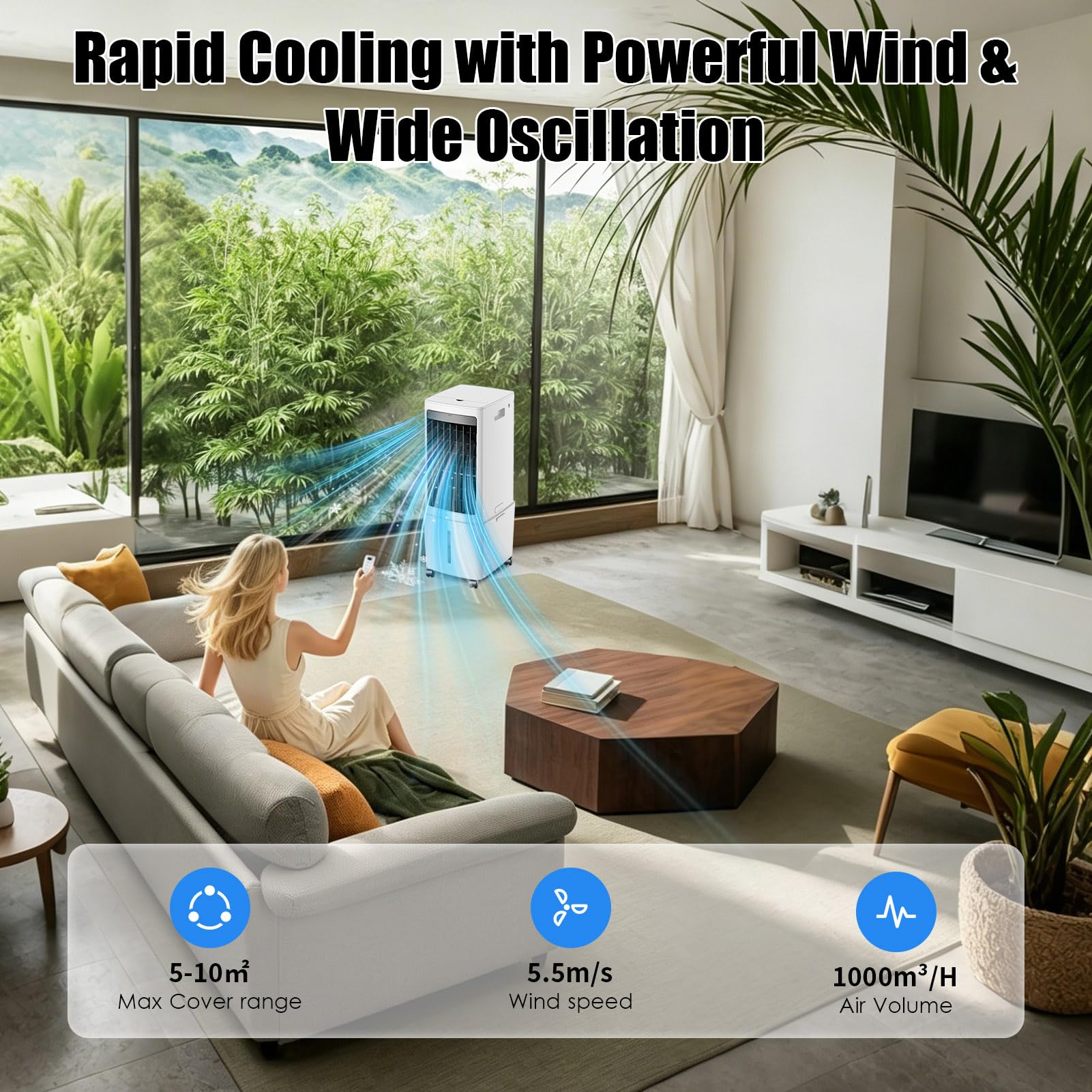 Climatiseur Mobile Sans Évacuation 12L avec Télécommande, Rafraîchisseur d'Air Évaporatif 4-en-1 Silencieux 30dB, Ventilateur Humidificateur, Débit Puissant 1000m³/h