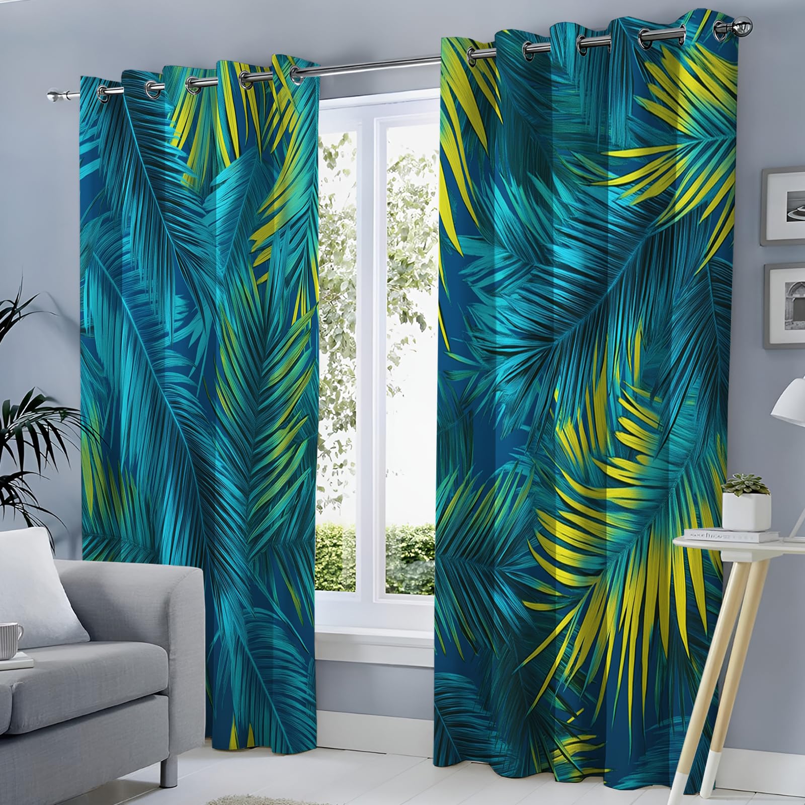 Rideau occultant 140x220 cm turquoise avec impression 3D plantes tropicales