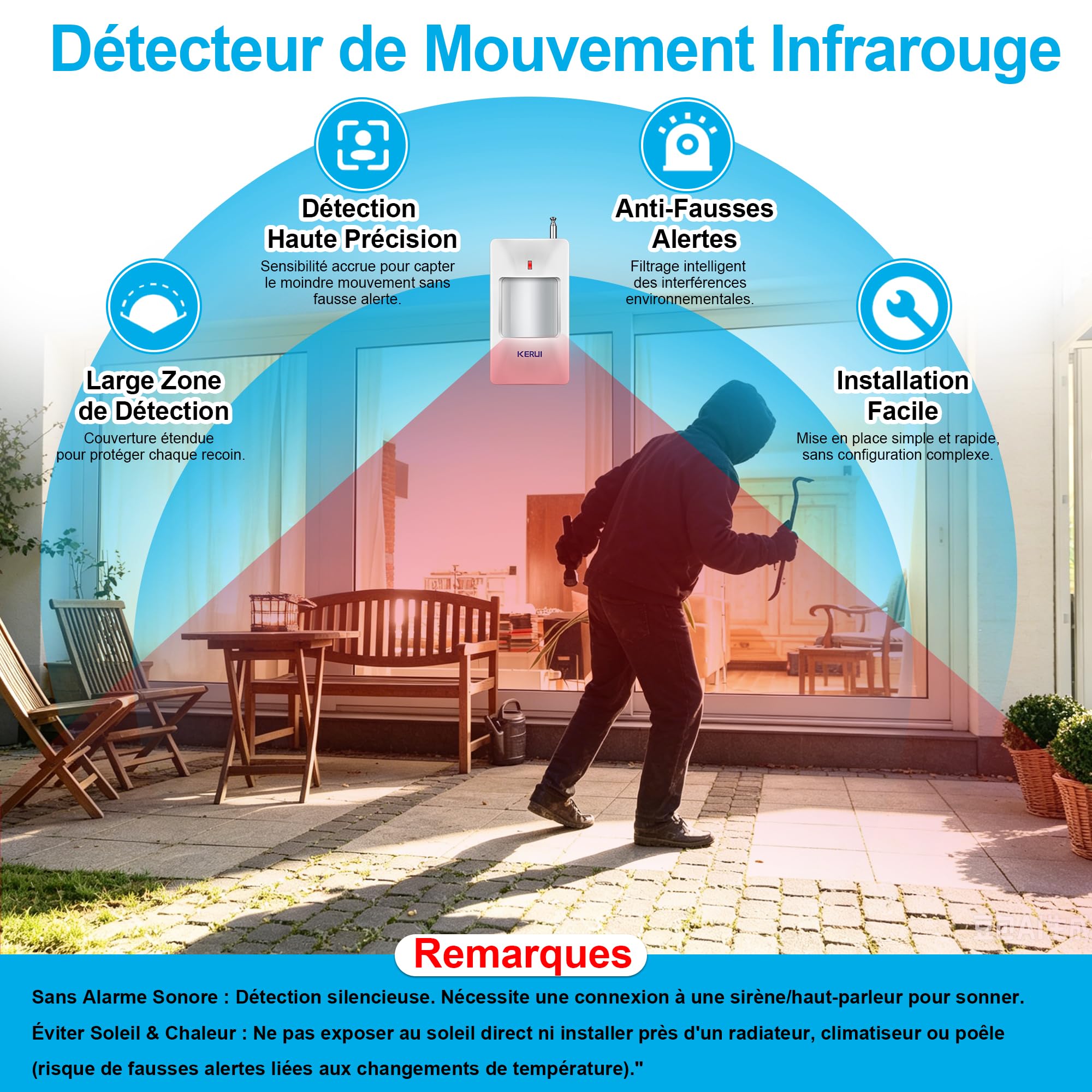 Système d'alarme WiFi 120 DB pour la sécurité de la Maison avec 4 détecteurs de Mouvement et télécommande pour abri de Jardin et Garage