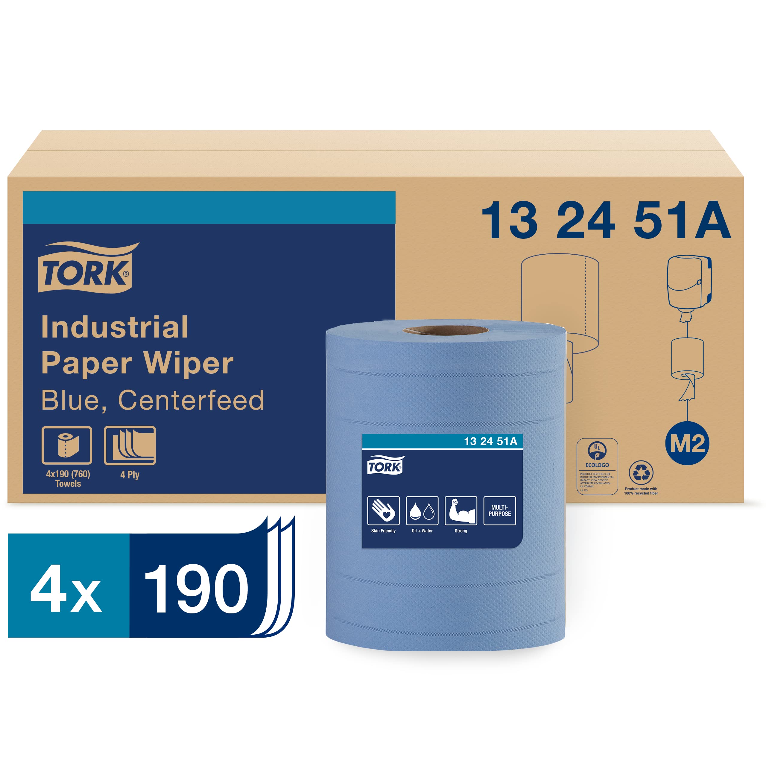 Tork 132451A Industrial Paper Wiper, Centerfeed, 4-Ply, 10.0" Width x 249' Length, Blue (Case of 4 Rolls, 190 per Roll, 760 Wipers per Case)
