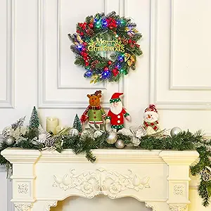 18 Inch Front Door Christmas Wreaths, Pre-Lit Christmas Wreath with 40 Colorful Lights, Artificial Xmas Wreath with Pine Cones, Ball, Berry Clusters, Perfect for Window Indoor Outdoor