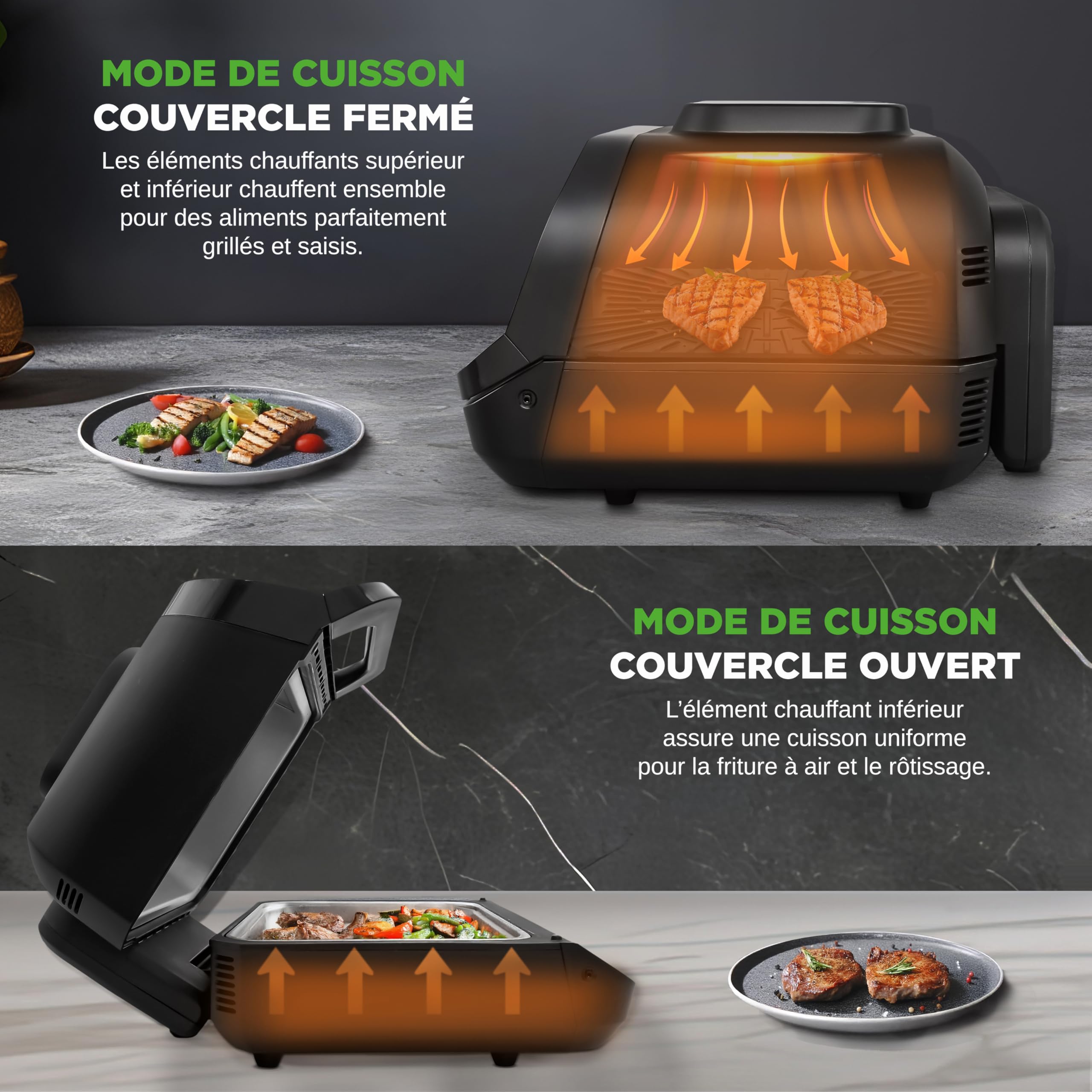 Nutrichef Gril Intérieur Sans Fumée – Friteuse à Air 6L avec Thermomètre Intelligent, 7 Fonctions de Cuisson, Contrôle Précis de la Température, Cuisson Saine et Polyvalente