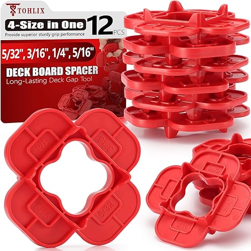 12 Packs 4-in-1 Multi-Size Deck Spacers Tool (5/32", 3/16", 1/4", 5/16") for Composite, PVC, Hardwood & Pressure Treated Decking Board - Red & Blue Options, Easy-to-Use Deck Board Spacers Gap Tool