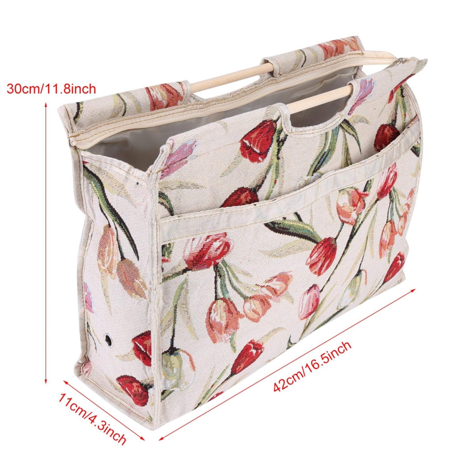 Borsa per maglieria con manico in legno, 1pc Borsa portaoggetti in tessuto intrecciato con manico in legno squisito per ferri da maglia Strumenti di cucito(Fiore rosso)