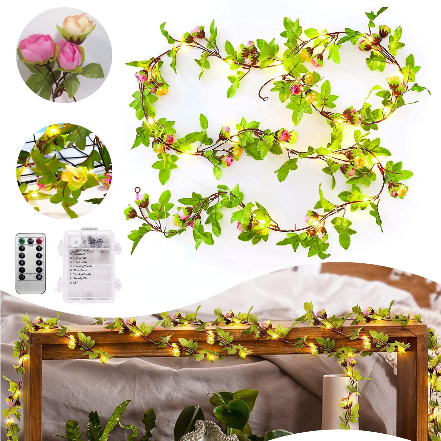 6.6FT Flower String Lights, Rose Lights Vine Garland Battery Operated 20 LEDs Fairy Lights for Women Wedding Bedroom Garden Holiday Party Decorations