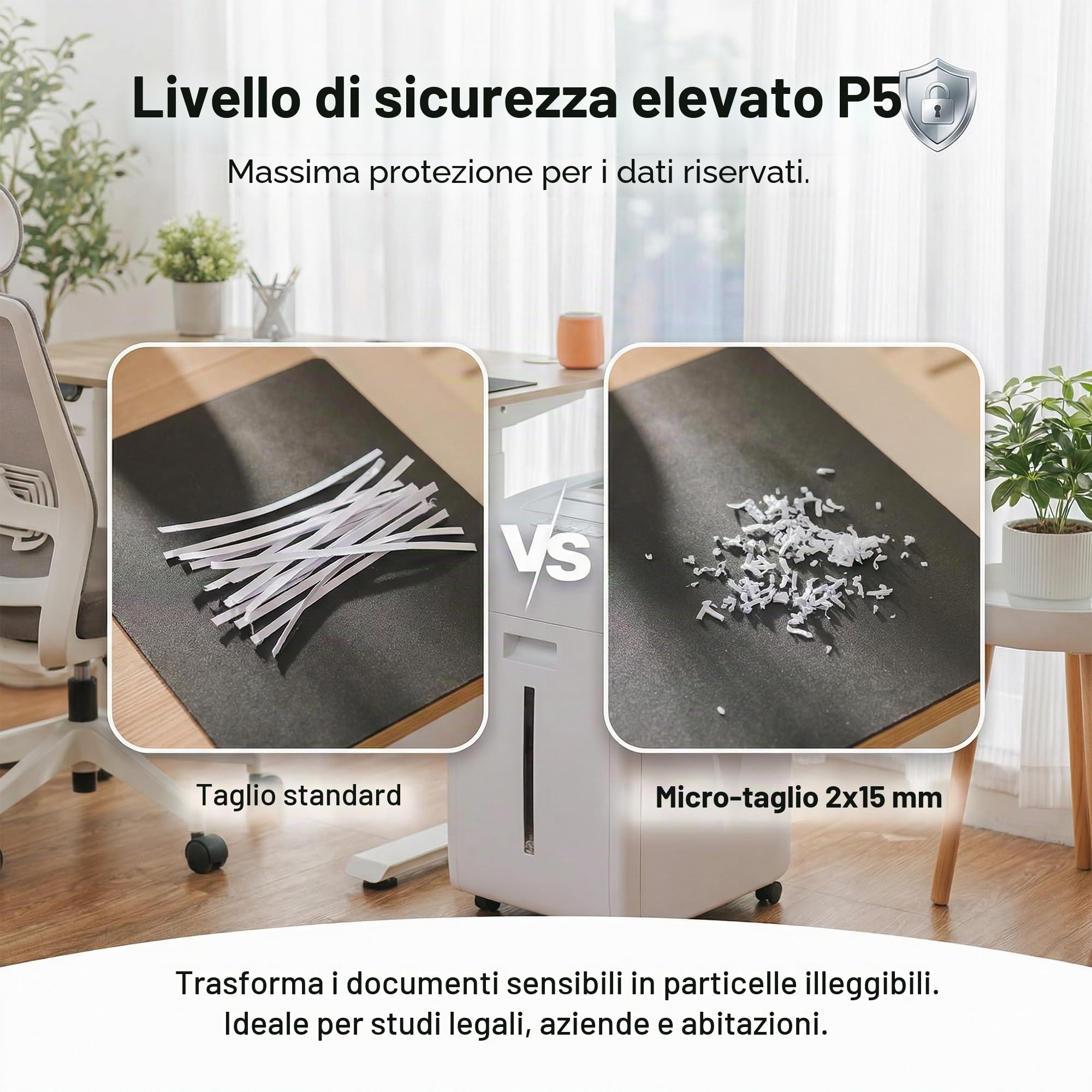 Frantoio Carta 200 fogli: Distruggidocumenti Automatico P5 Micro Taglio 2 x 15 mm Trituratore Carta Elettrica Vassoio 35L CD Schede graffette