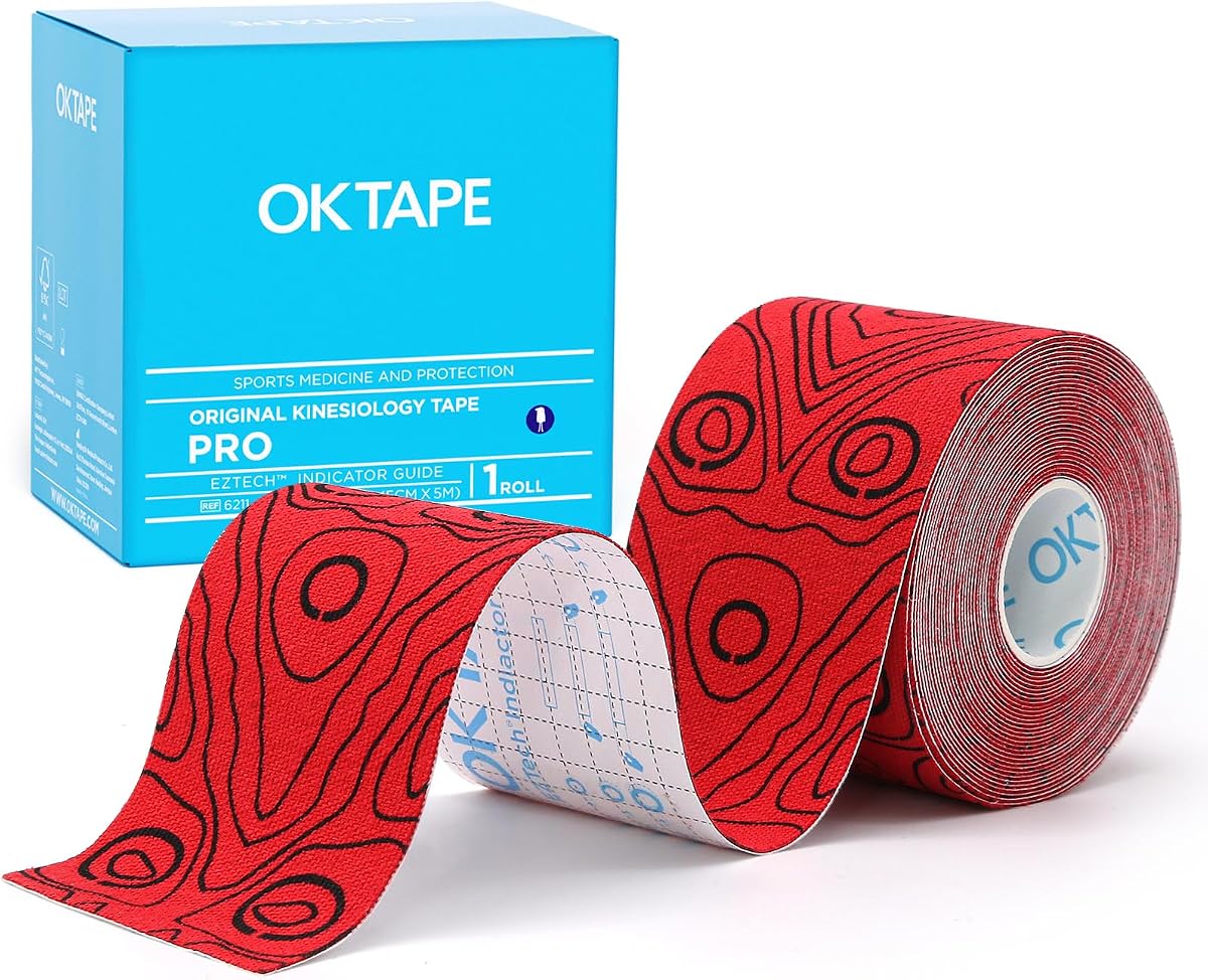OK TAPE Kinesiology Tape PRO Uncut Latex Free Tape 2in x 16.4ft 1Roll | Sensitive Skin Friendly Latex Free Hypoallergenic Athletic Tape Roll for Muscle Joint Knee Waterproof Red+Black